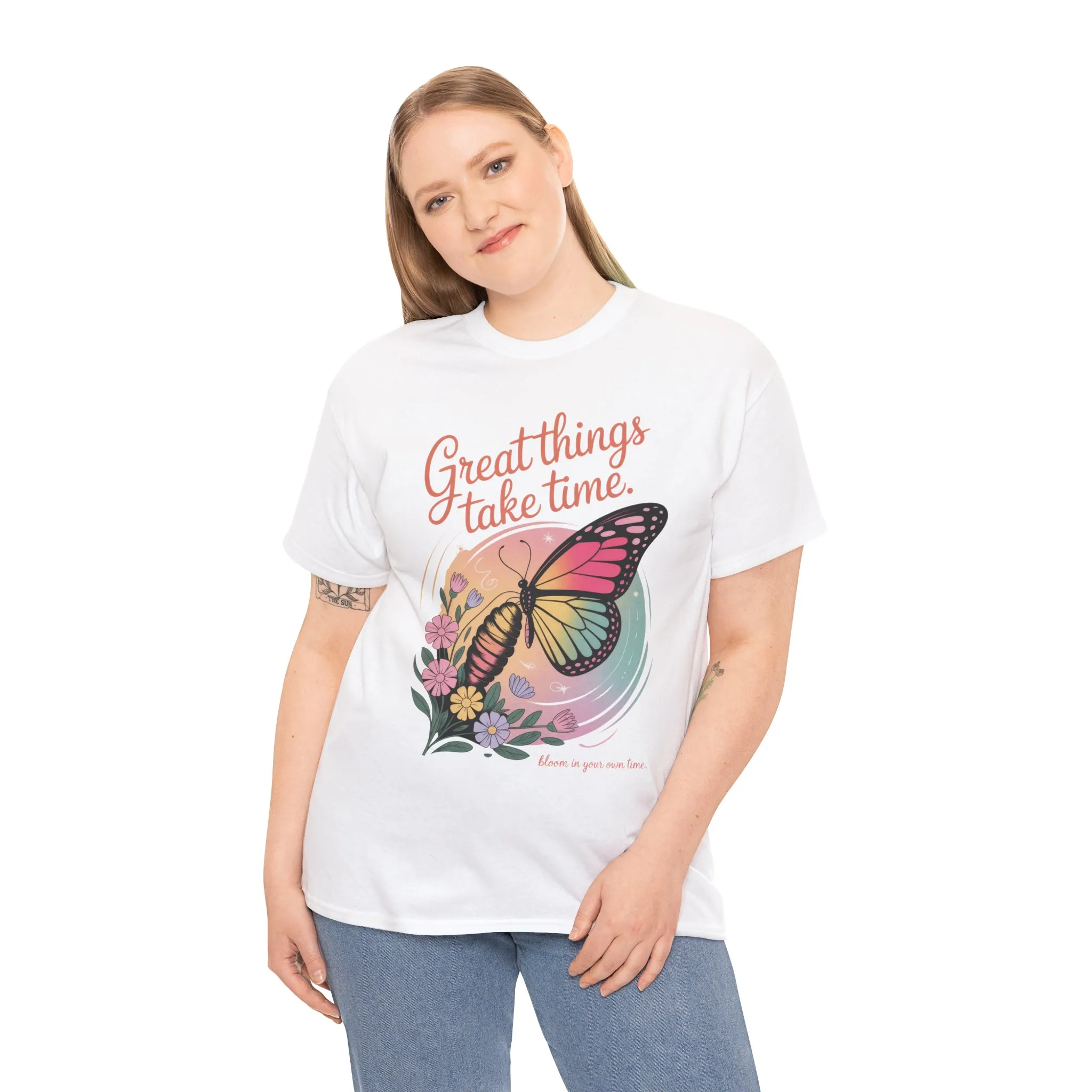Butterfly Motivational Women's Heavy Cotton Tee, Great Things Take Time Shirt, Gift for Nature Lovers, Inspirational Apparel, Summer Outfit - Image 5