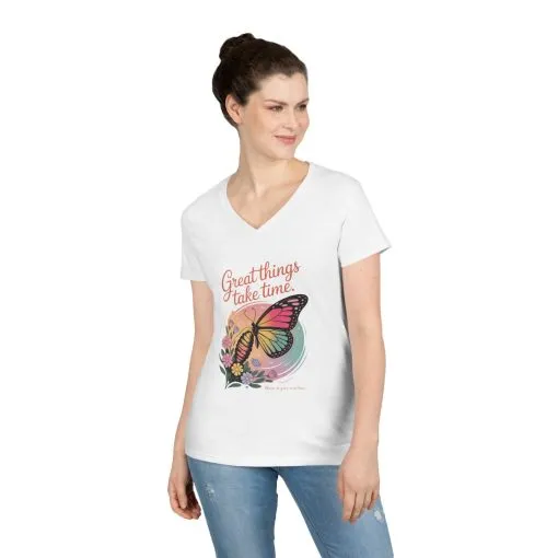 Inspiring Ladies' V-Neck T-Shirt, Great Things Take Time Butterfly Design, Relaxation, Motivation, Nature, Motivational Women's Tee