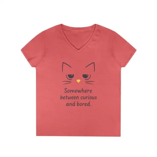Funny Cat V-Neck T-Shirt - Somewhere Between Curious and Bored, Gift for Cat Lovers, Casual Wear, Birthday Tee, Cute Animal Shirt - Image 4