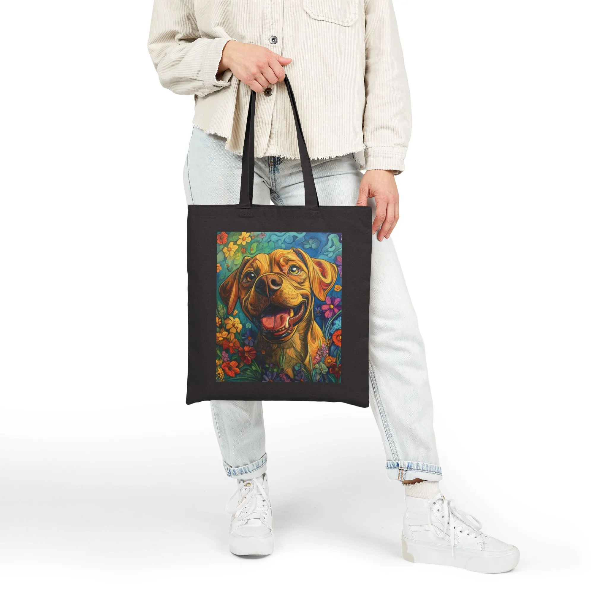 Colorful Dog Art Cotton Canvas Tote Bag, Eco-Friendly Shopping Bag, Pet Lover Gift, Flower Design, Reusable Grocery Tote, Animal Lover - Image 9