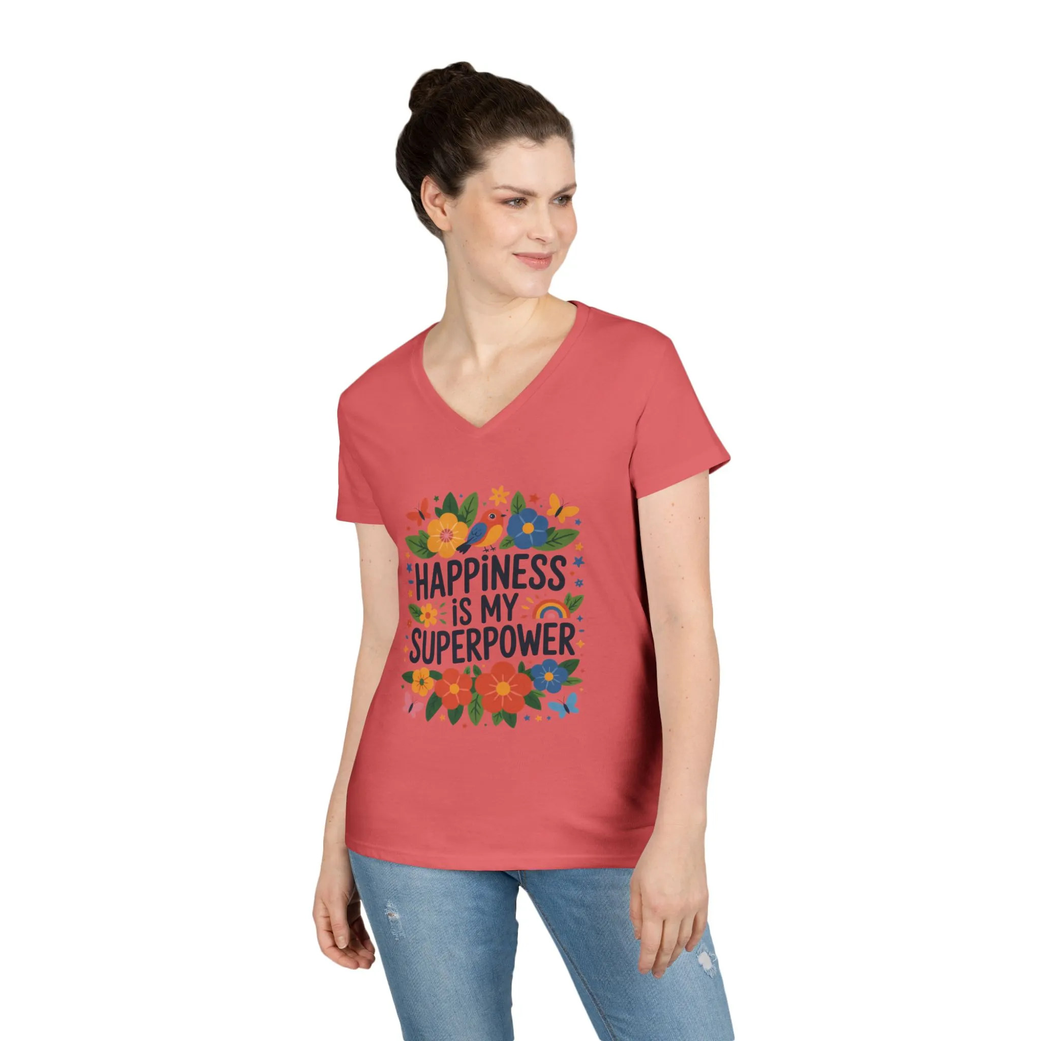 Happiness is My Superpower V-Neck T-Shirt, Floral Motivational Tee, Gift for Her, Positive Quote Shirt, Joyful Statement Tee - Image 5