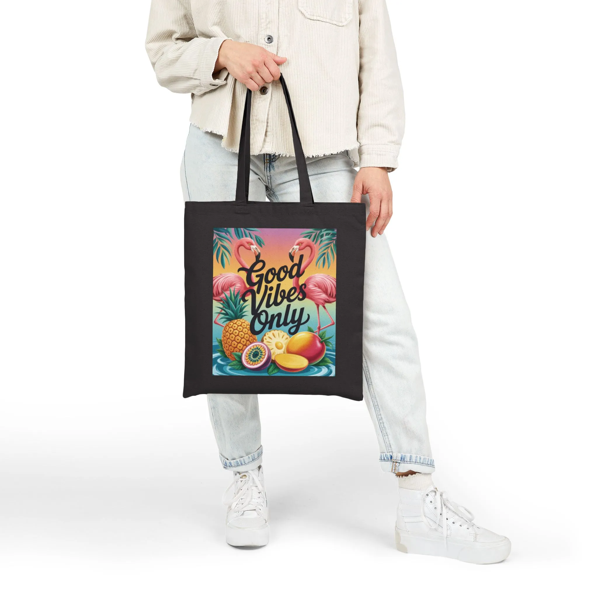 Tote Bag with Tropical Design, Good Vibes Only, Beach Tote, Eco-Friendly Bag, Summer Gift, Grocery Tote, Fun Shopping Bag, Flamingo Pattern - Image 3