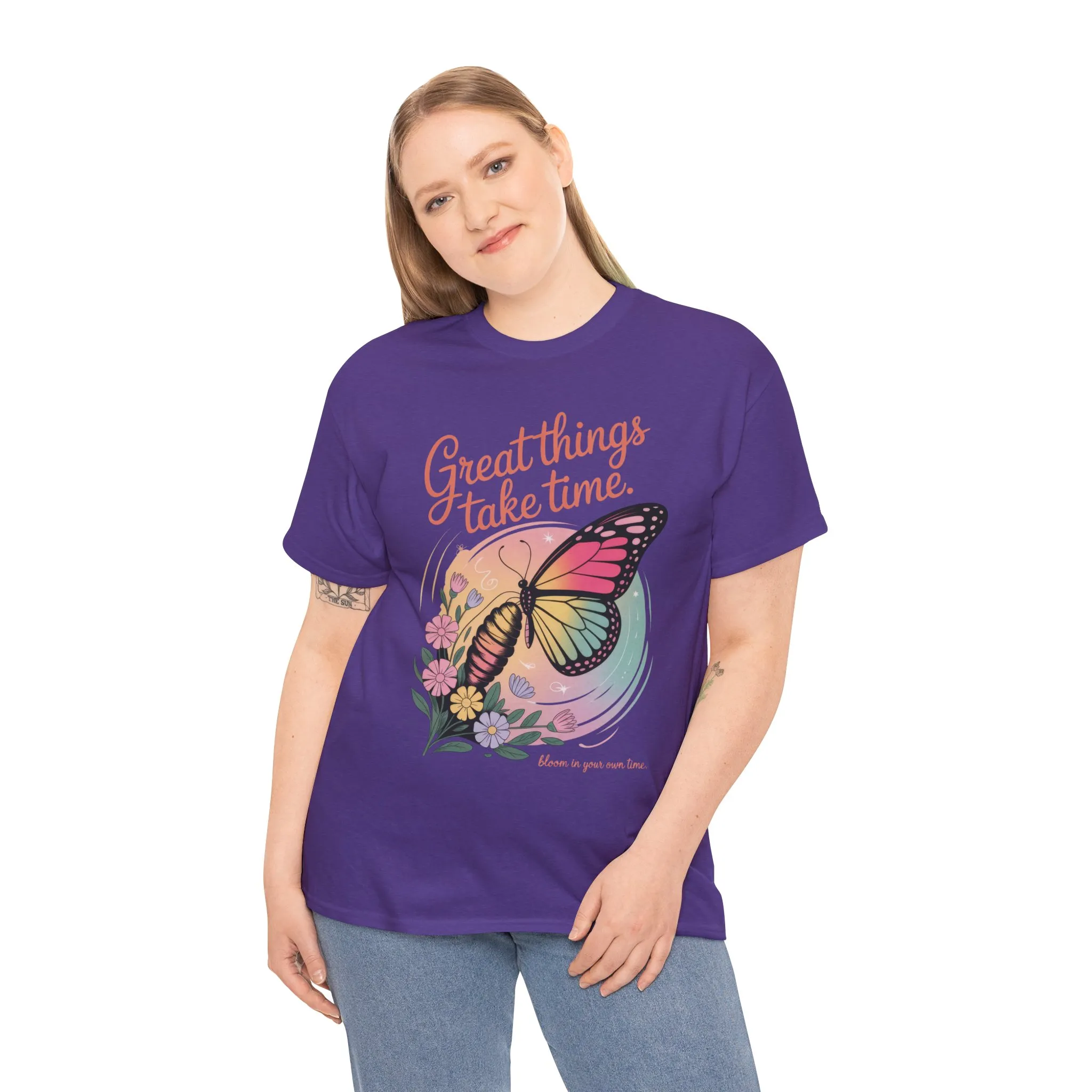 Butterfly Motivational Women's Heavy Cotton Tee, Great Things Take Time Shirt, Gift for Nature Lovers, Inspirational Apparel, Summer Outfit - Image 29