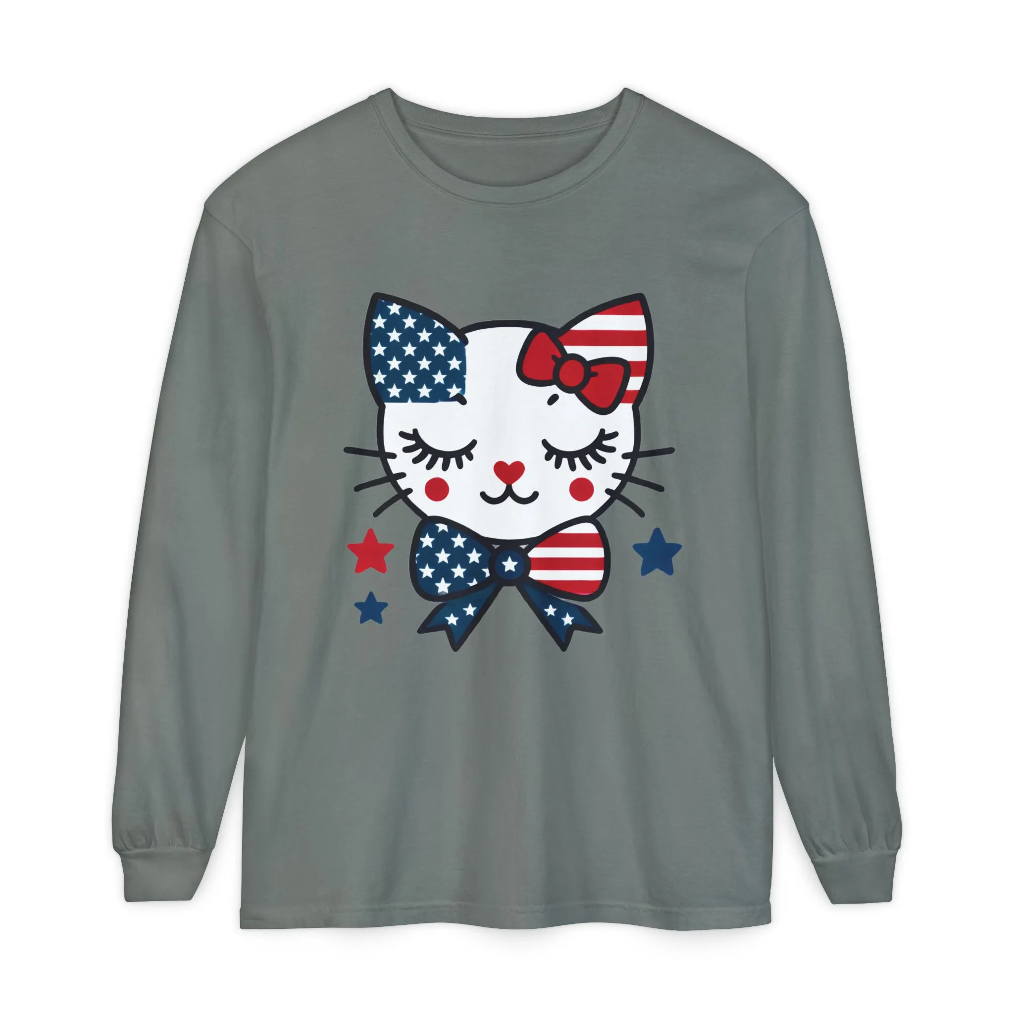 Patriotic Cat Long Sleeve T-Shirt, Womens Tee, Perfect for Fourth of July, Animal Lover Gift, Cozy Casual Wear, Holiday Apparel - Image 7