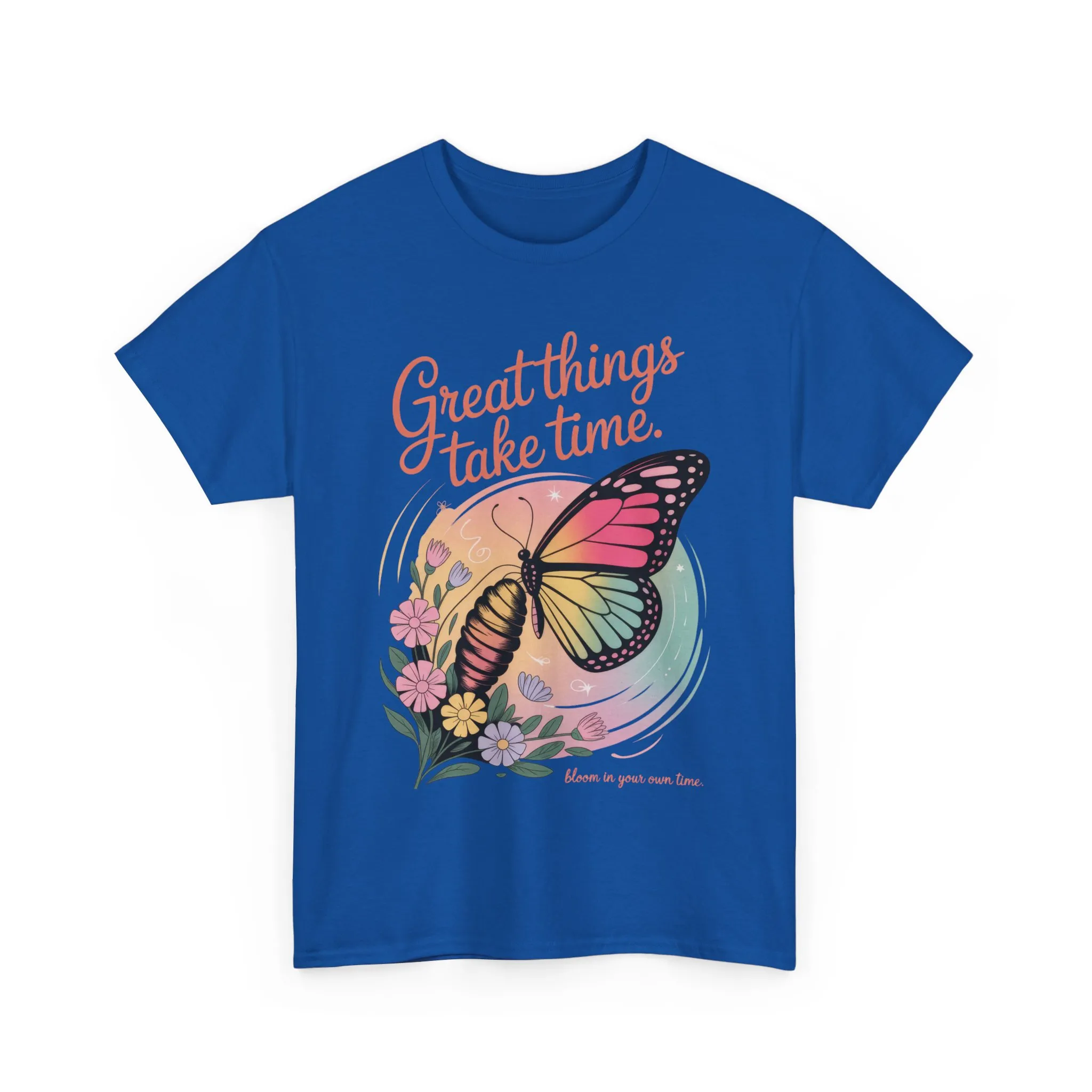Butterfly Motivational Women's Heavy Cotton Tee, Great Things Take Time Shirt, Gift for Nature Lovers, Inspirational Apparel, Summer Outfit - Image 24