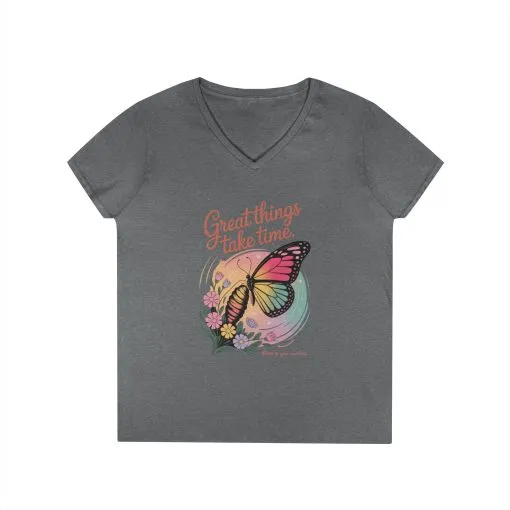 Inspiring Ladies' V-Neck T-Shirt, Great Things Take Time Butterfly Design, Relaxation, Motivation, Nature, Motivational Women's Tee - Image 7