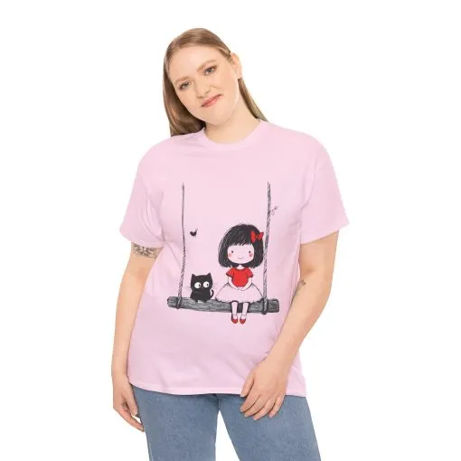 Cute Cat & Girl Graphic Tee, Playful Gift for Cat Lovers, Cat and Girl Design, Gift for Cat Owners, Women's Cotton T-Shirt - Image 20