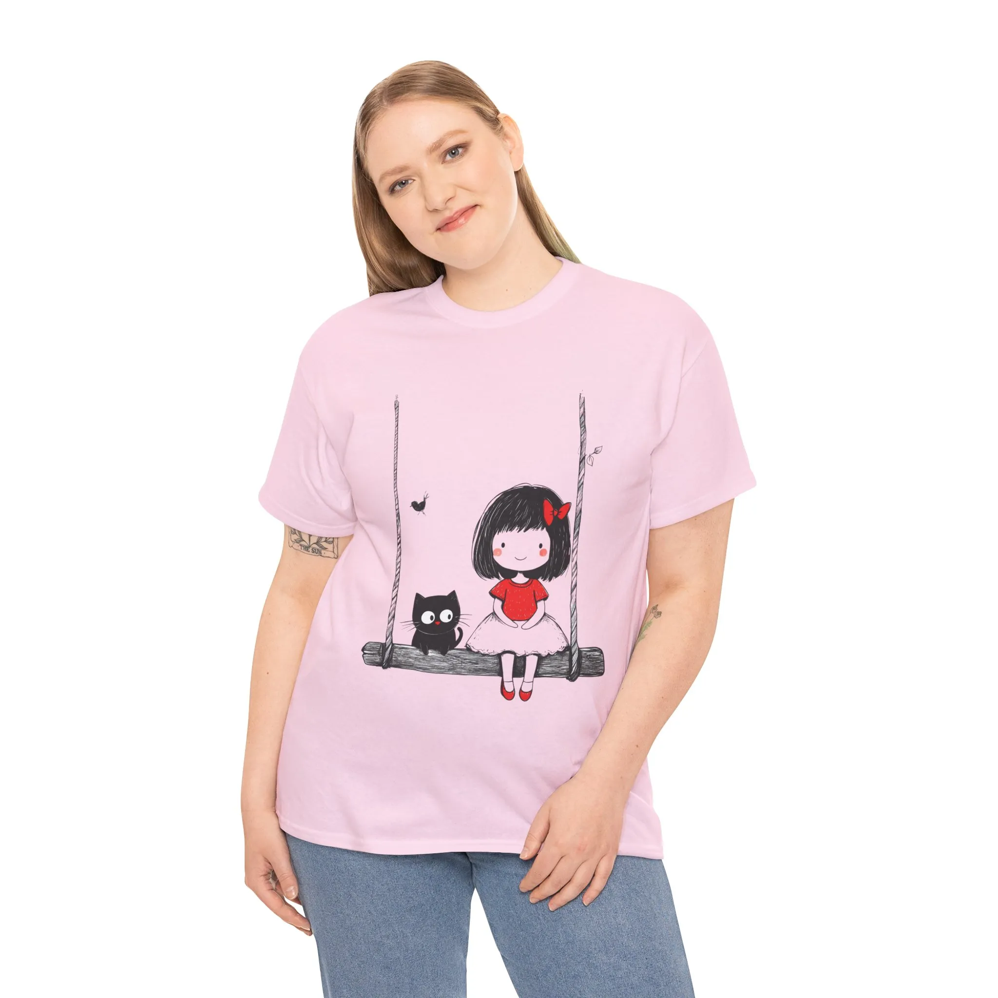 Cute Cat & Girl Graphic Tee, Playful Gift for Cat Lovers, Cat and Girl Design, Gift for Cat Owners, Women's Cotton T-Shirt - Image 20