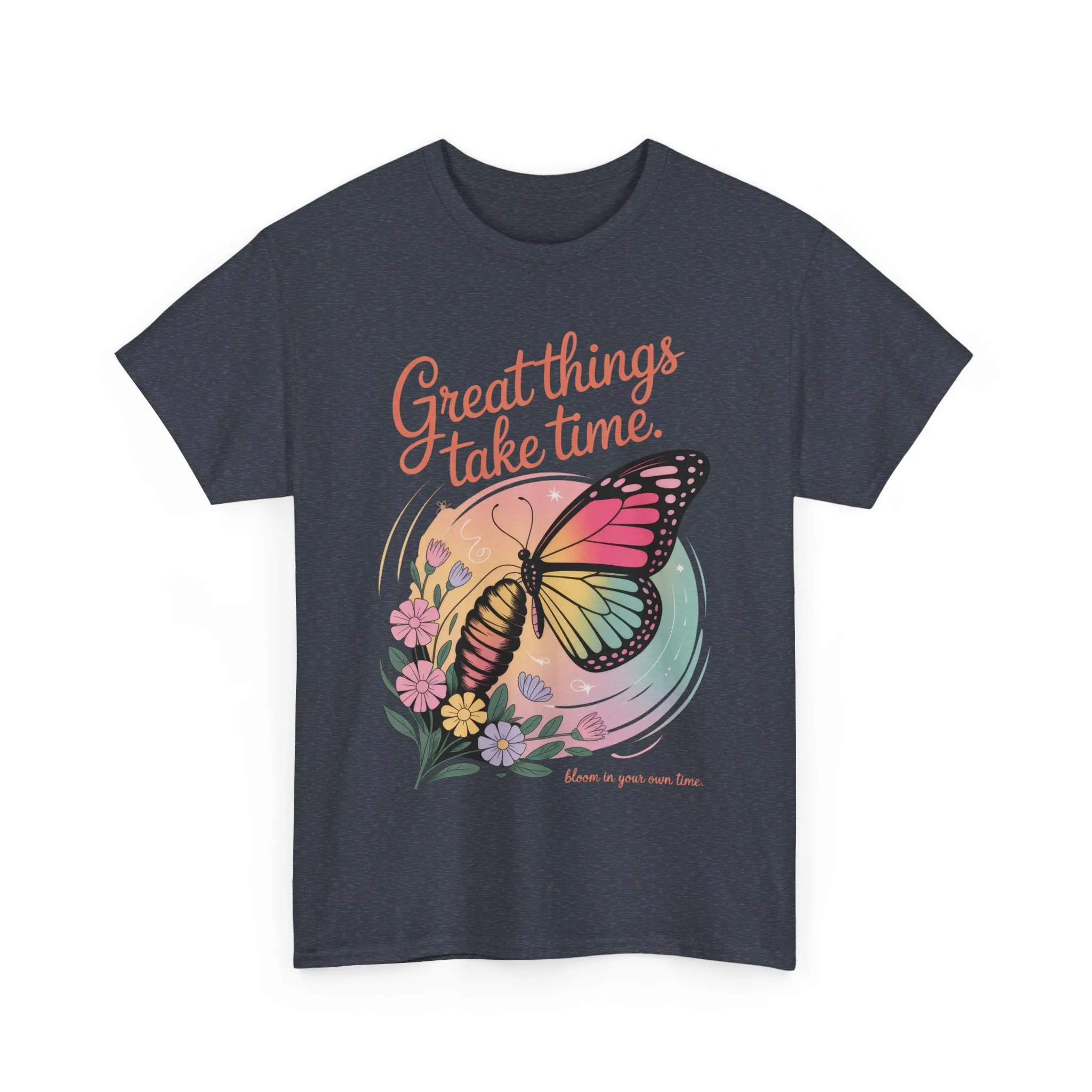 Butterfly Motivational Women's Heavy Cotton Tee, Great Things Take Time Shirt, Gift for Nature Lovers, Inspirational Apparel, Summer Outfit - Image 27