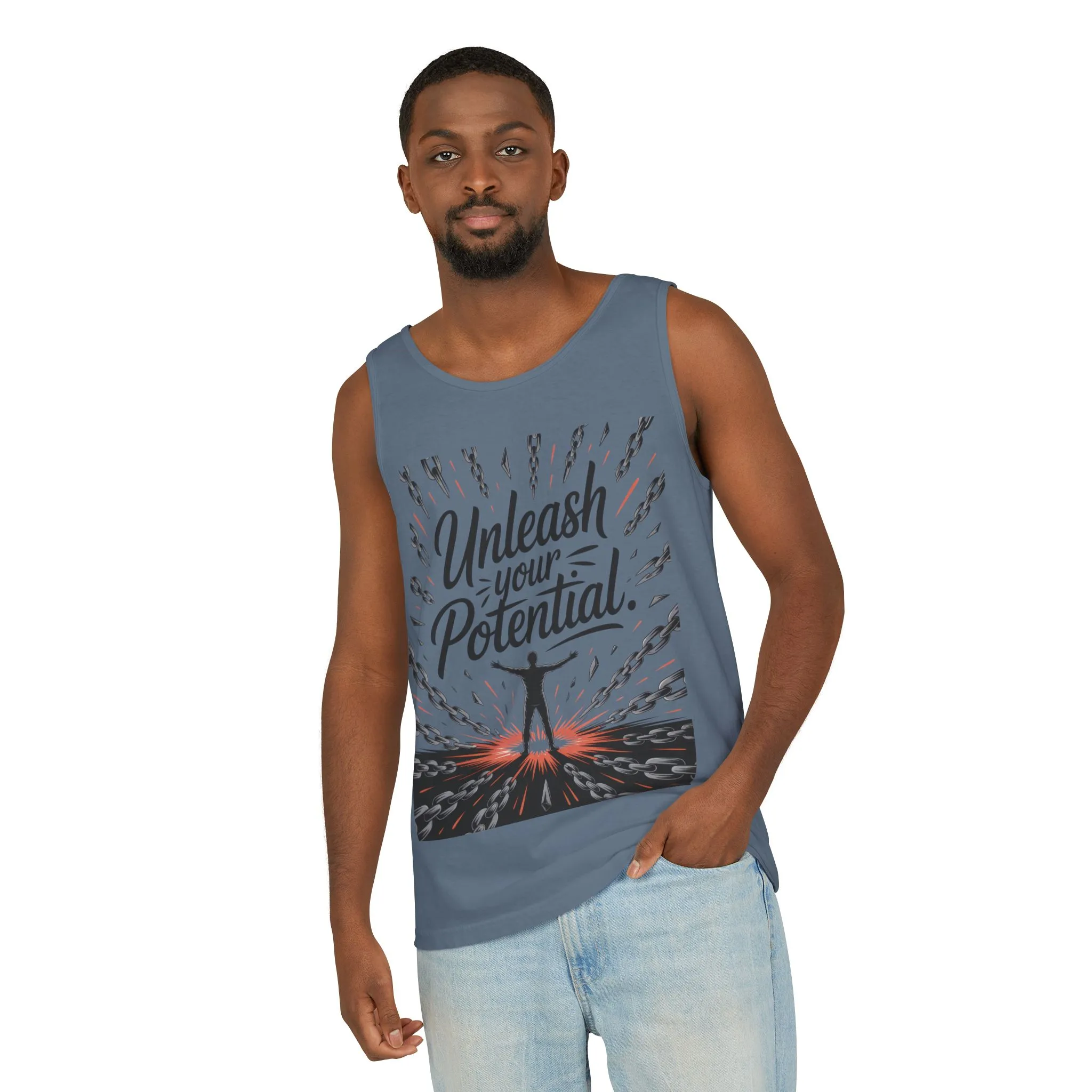 Men s Motivational Tank Top, Unleash Your Potential Graphic, Inspirational Gym Wear, Fitness Apparel, Summer Top, Gift for Him - Image 9