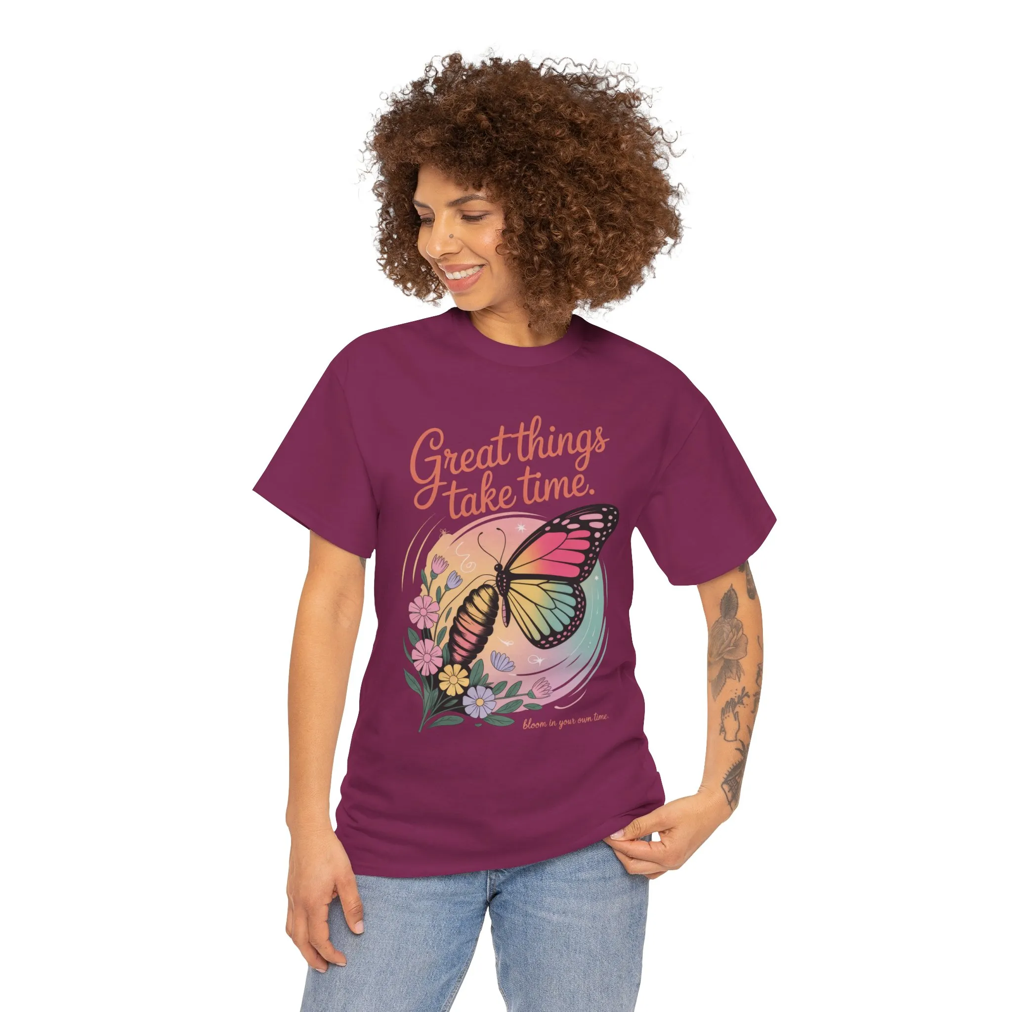 Butterfly Motivational Women's Heavy Cotton Tee, Great Things Take Time Shirt, Gift for Nature Lovers, Inspirational Apparel, Summer Outfit - Image 32
