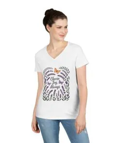 Ladies' V-Neck T-Shirt, Choose Joy Always, Positive Affirmation Tee, Floral Graphic Shirt, Inspirational V-Neck, Lavender Printed Tee