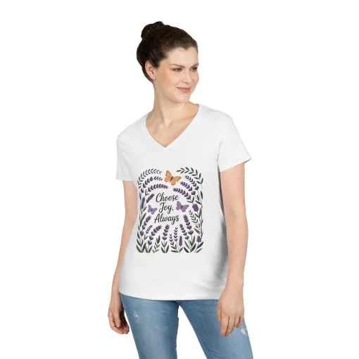 Ladies' V-Neck T-Shirt, Choose Joy Always, Positive Affirmation Tee, Floral Graphic Shirt, Inspirational V-Neck, Lavender Printed Tee
