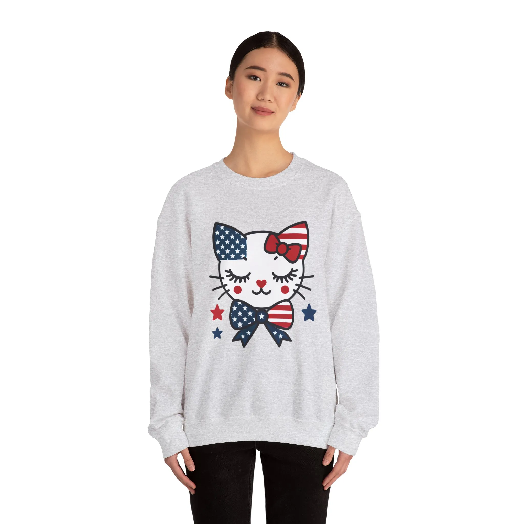Cute Cat American Flag Sweatshirt, Women's Crewneck, Perfect for 4th of July, Women's Casual Wear, Cat Lovers Gifts - Image 7