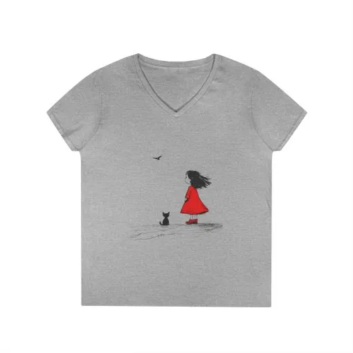 Whimsical V-Neck T-Shirt for Dreamers, Cute Graphic Tee, Animal Lovers Shirt, Stylish Casual Wear, Gifts for Her, Cat Lover T-Shirt - Image 3