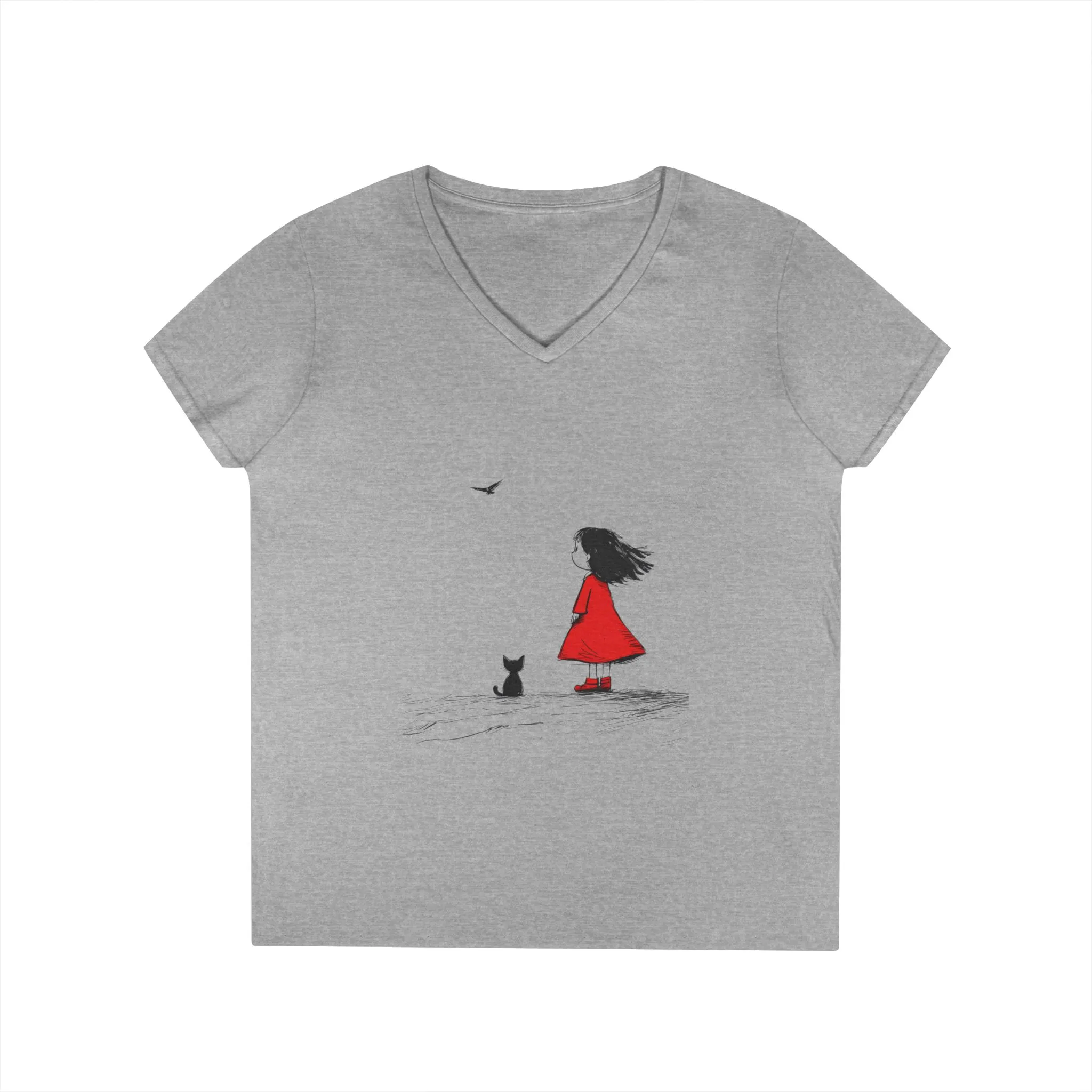 Whimsical V-Neck T-Shirt for Dreamers, Cute Graphic Tee, Animal Lovers Shirt, Stylish Casual Wear, Gifts for Her, Cat Lover T-Shirt - Image 3