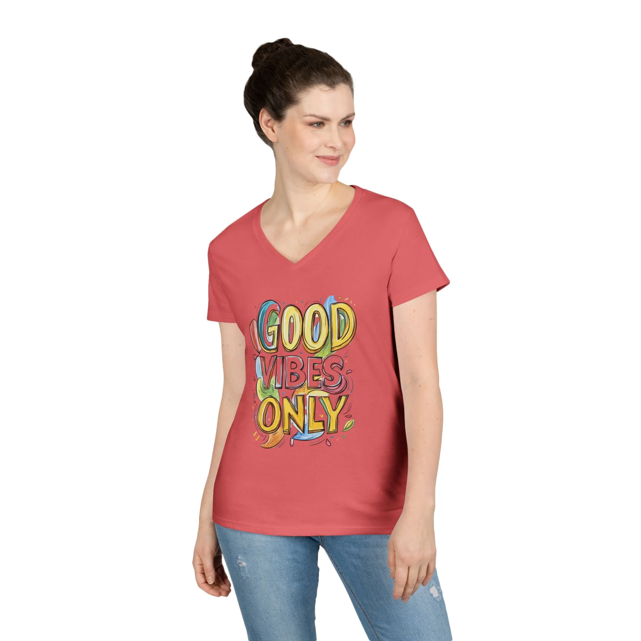 Good Vibes Only Ladies' V-Neck T-Shirt | Positive Message Tee, Casual Wear, Gift for Her, Summer Style, Feel Good Fashion, Positive Energy - Image 17