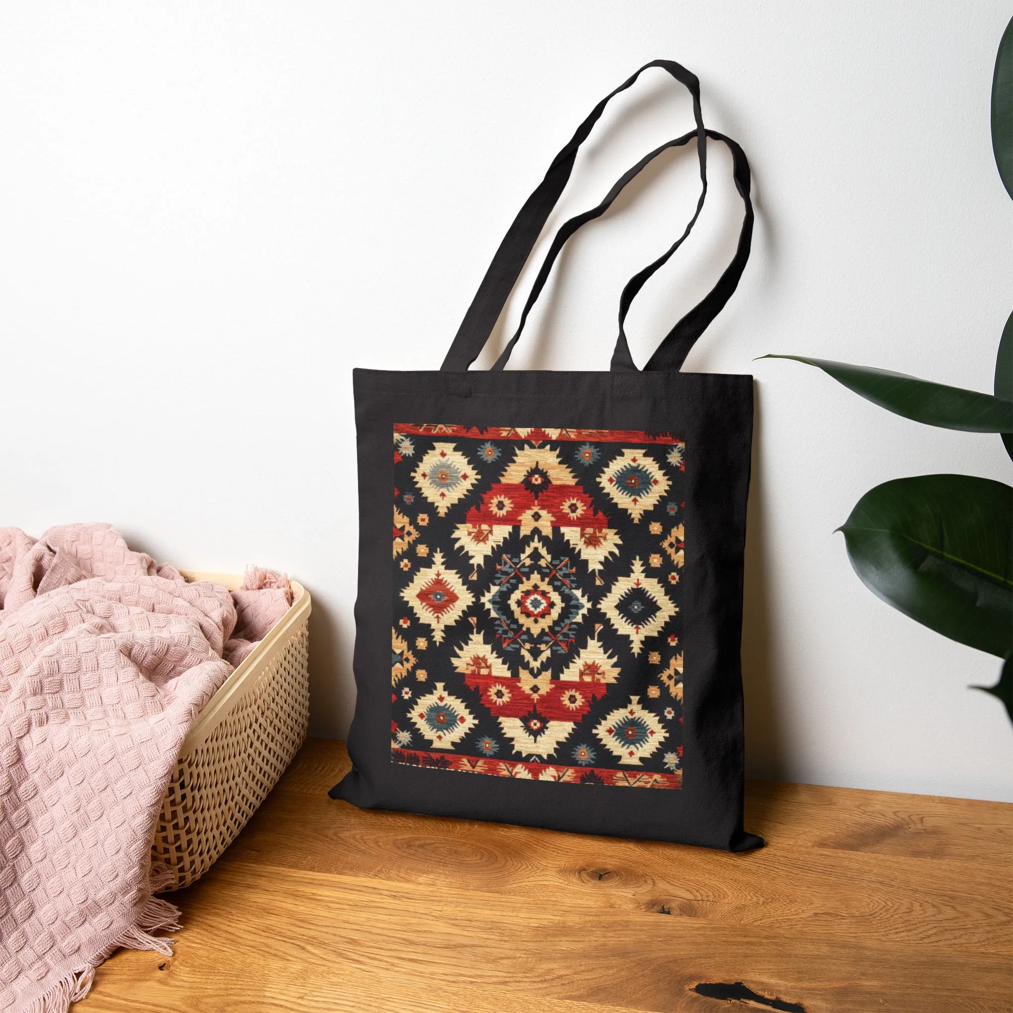 Bohemian Cotton Canvas Tote Bag, Reusable Shopping Bag, Gift for Her, Beach Bag, Travel Companion, Traditional Turkish Carpet Pattern - Image 4