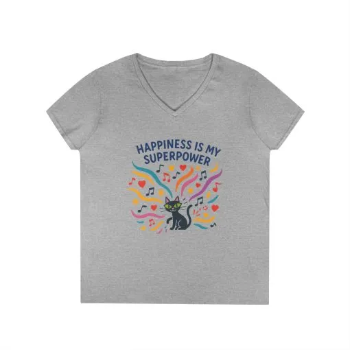 Happiness Is My Superpower V-Neck T-Shirt, Cat Lover Tee, Gift for Her, Cute Graphic Shirt, Music Enthusiast Apparel, Funny Cat Shirt - Image 4