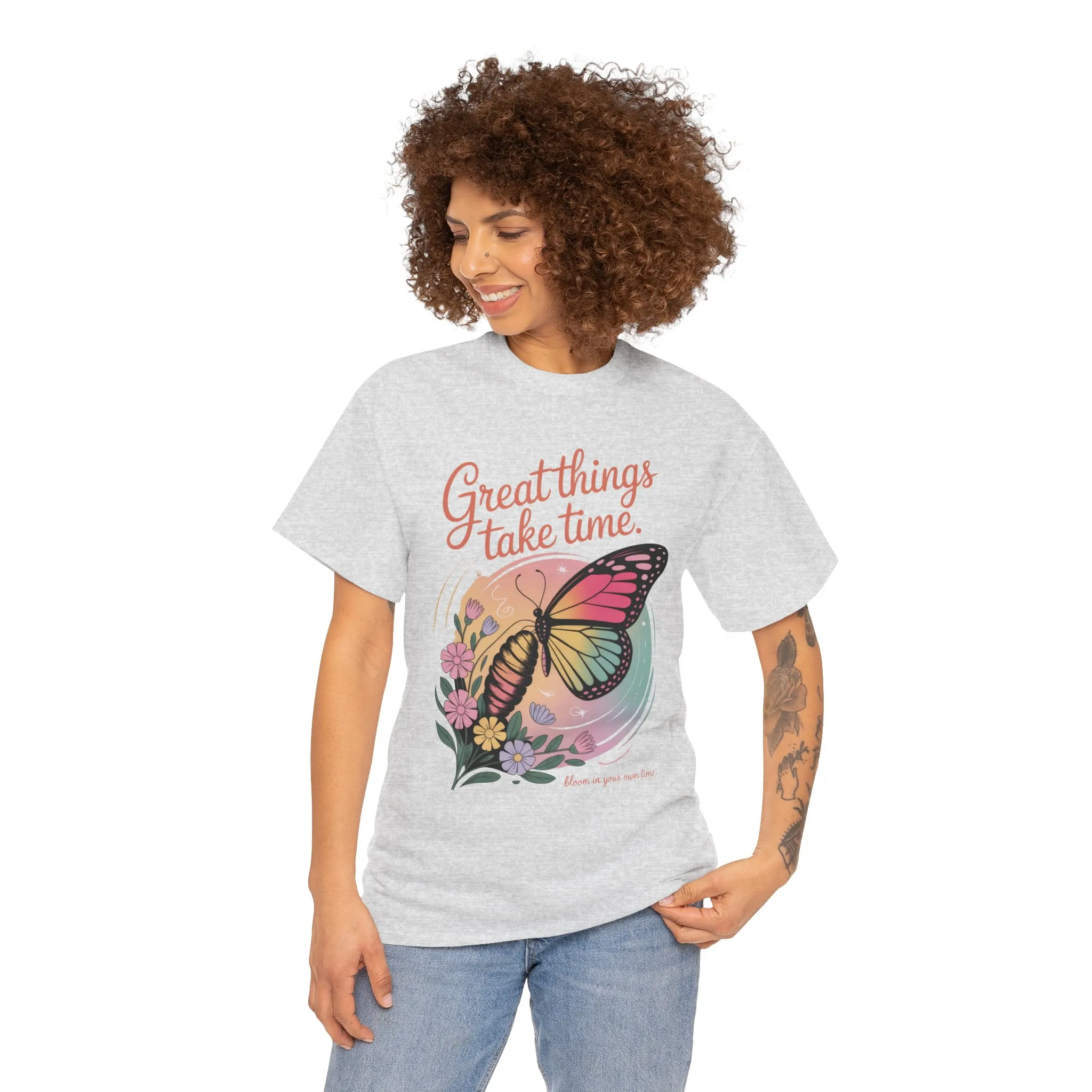 Butterfly Motivational Women's Heavy Cotton Tee, Great Things Take Time Shirt, Gift for Nature Lovers, Inspirational Apparel, Summer Outfit - Image 8