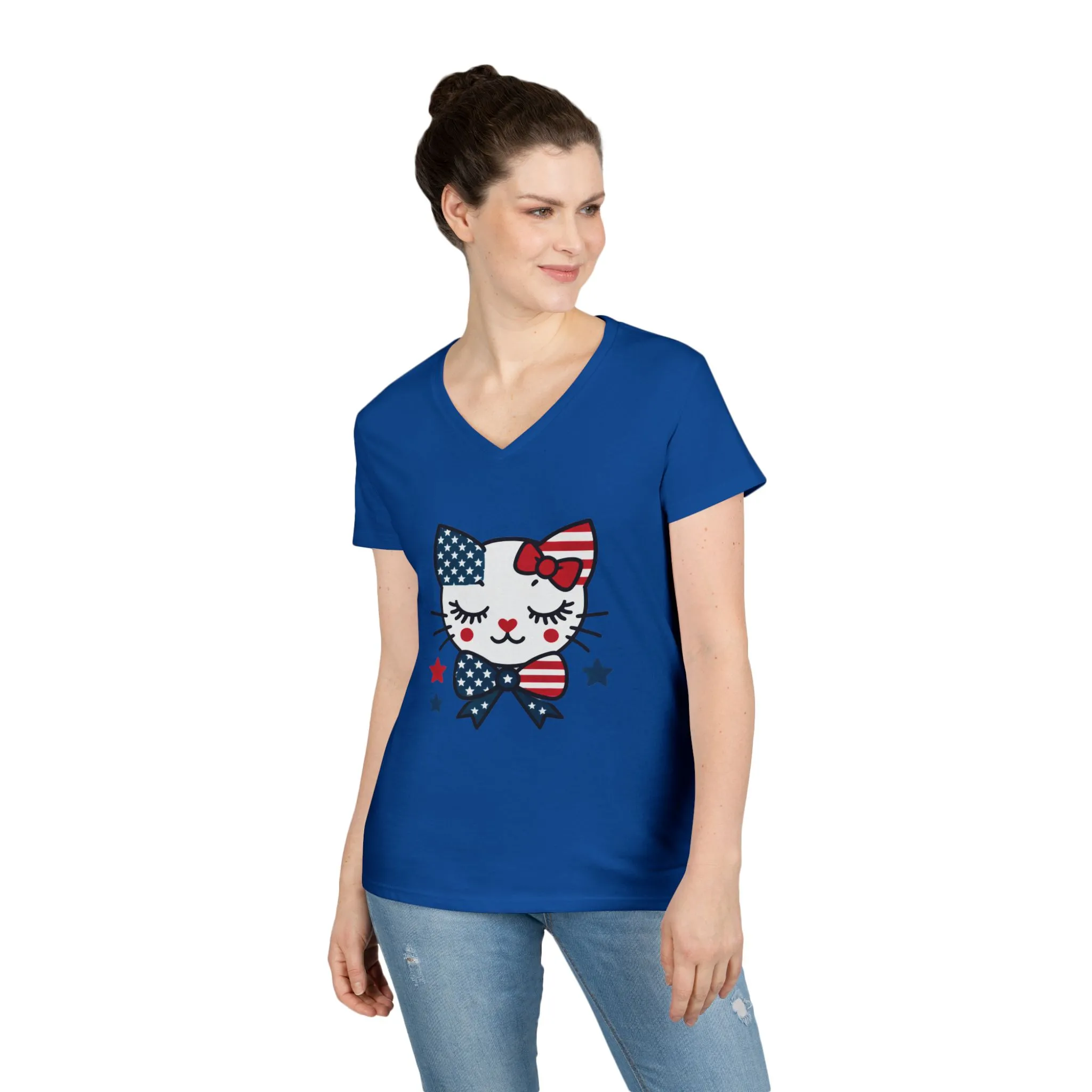 Patriotic Cat Ladies' V-Neck T-Shirt, Cute Tee, July 4th Top, Independence Day Shirt, Gift for Cat Lovers, Casual Summer Wear