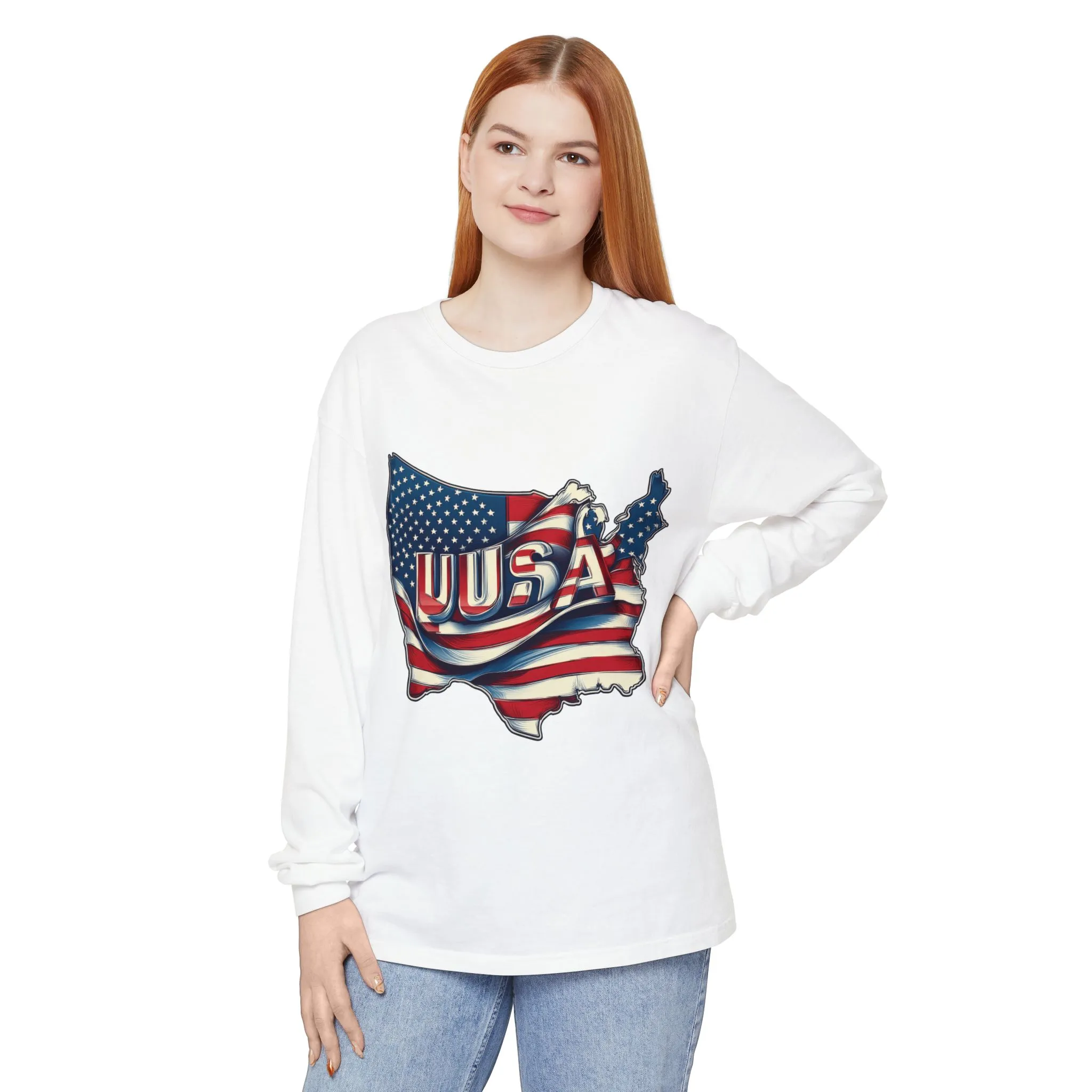 USA Flag Long Sleeve Tee, Unisex Garment-Dyed Shirt, Patriotic Top, All-American Apparel, Independence Day Style, Comfortable Casual Wear - Image 6