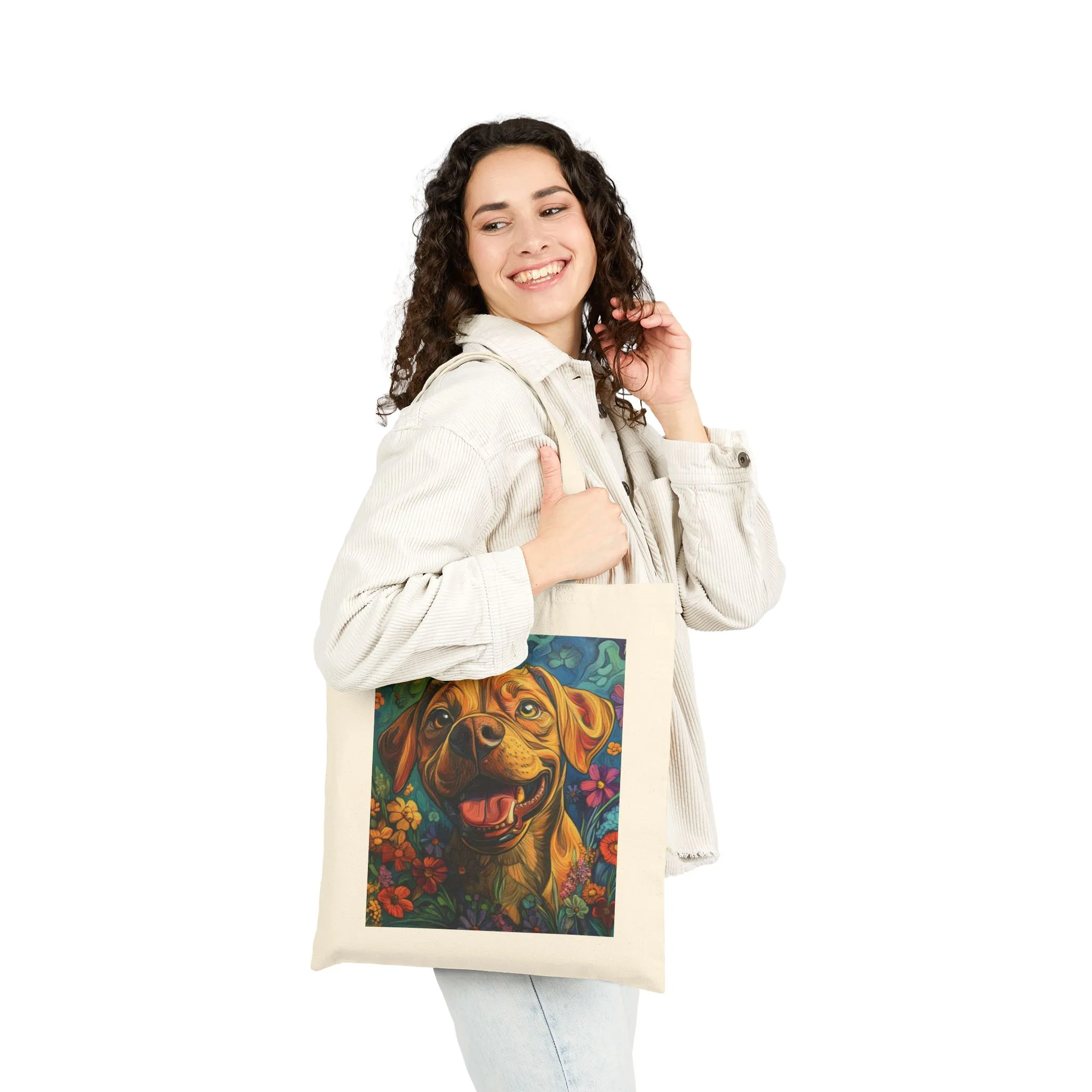 Colorful Dog Art Cotton Canvas Tote Bag, Eco-Friendly Shopping Bag, Pet Lover Gift, Flower Design, Reusable Grocery Tote, Animal Lover - Image 2