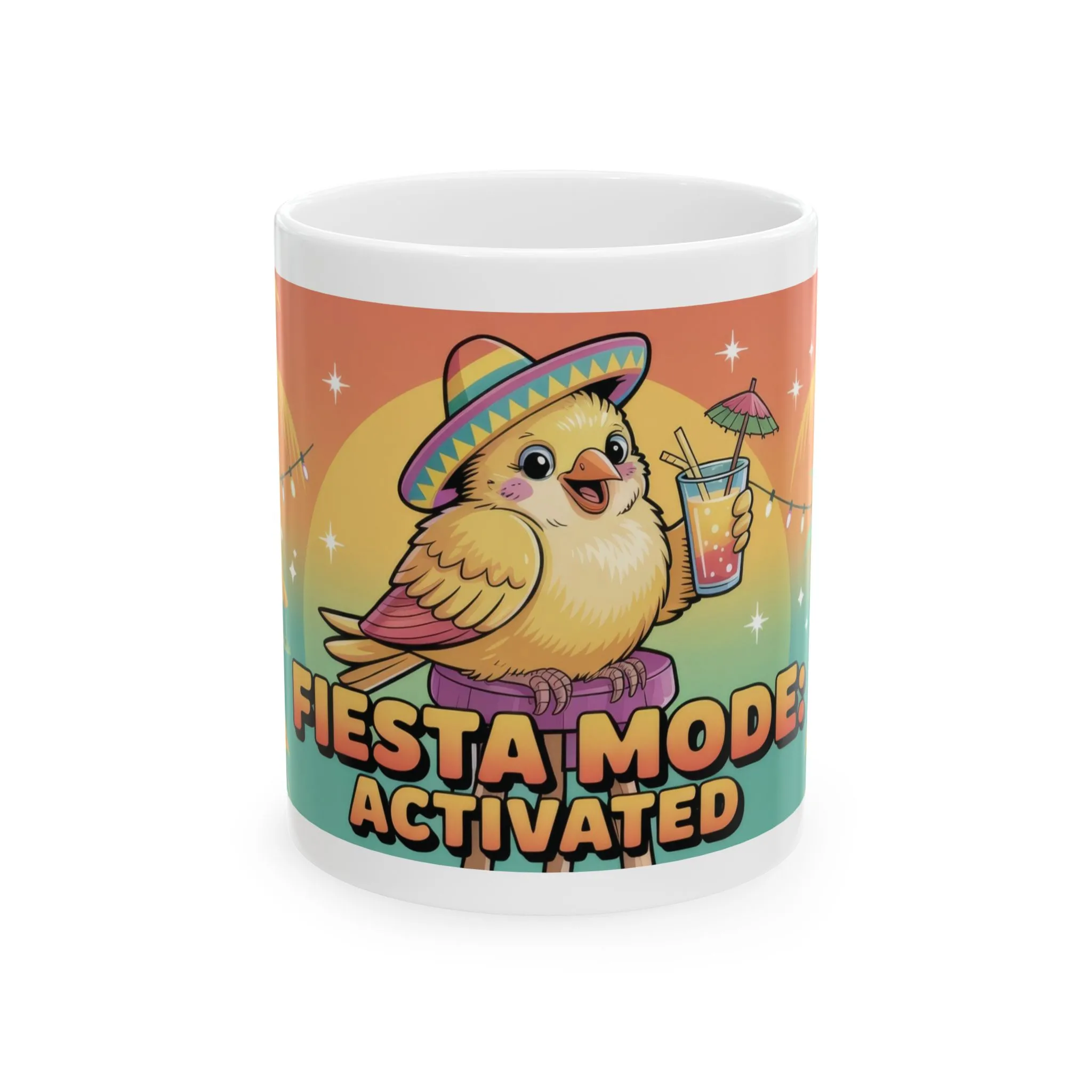 Fiesta Mode Activated Ceramic Mug, Tropical Party Bird Cup, Summer Beach Humor Gift, Colorful Vacation Coffee Mug, Funny Festive Design