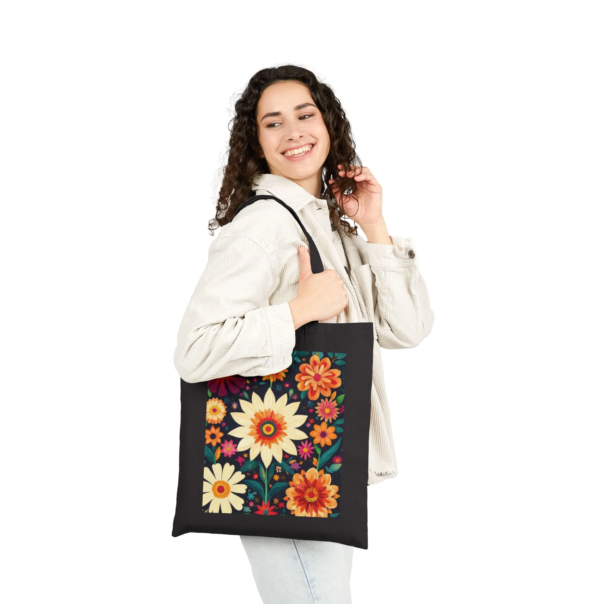 Floral Cotton Canvas Tote Bag, Eco-Friendly Shopping Bag, Reusable Grocery Tote, Boho Chic Gift, Market Bag with Flower Design - Image 3