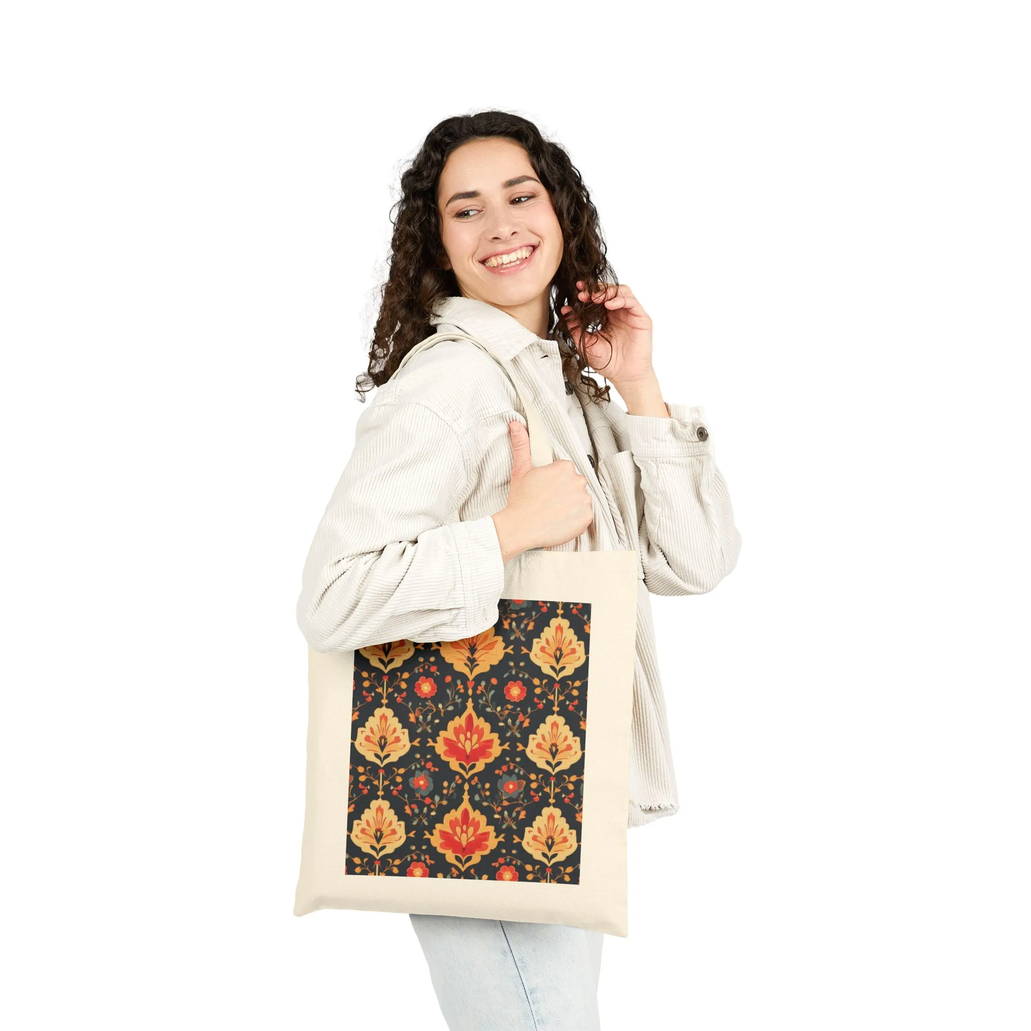 Chic Floral Cotton Canvas Tote Bag, Eco-Friendly Shopping Bag, Gift for Her, Reusable Grocery Tote, Traditional Turkish Carpet Pattern - Image 8