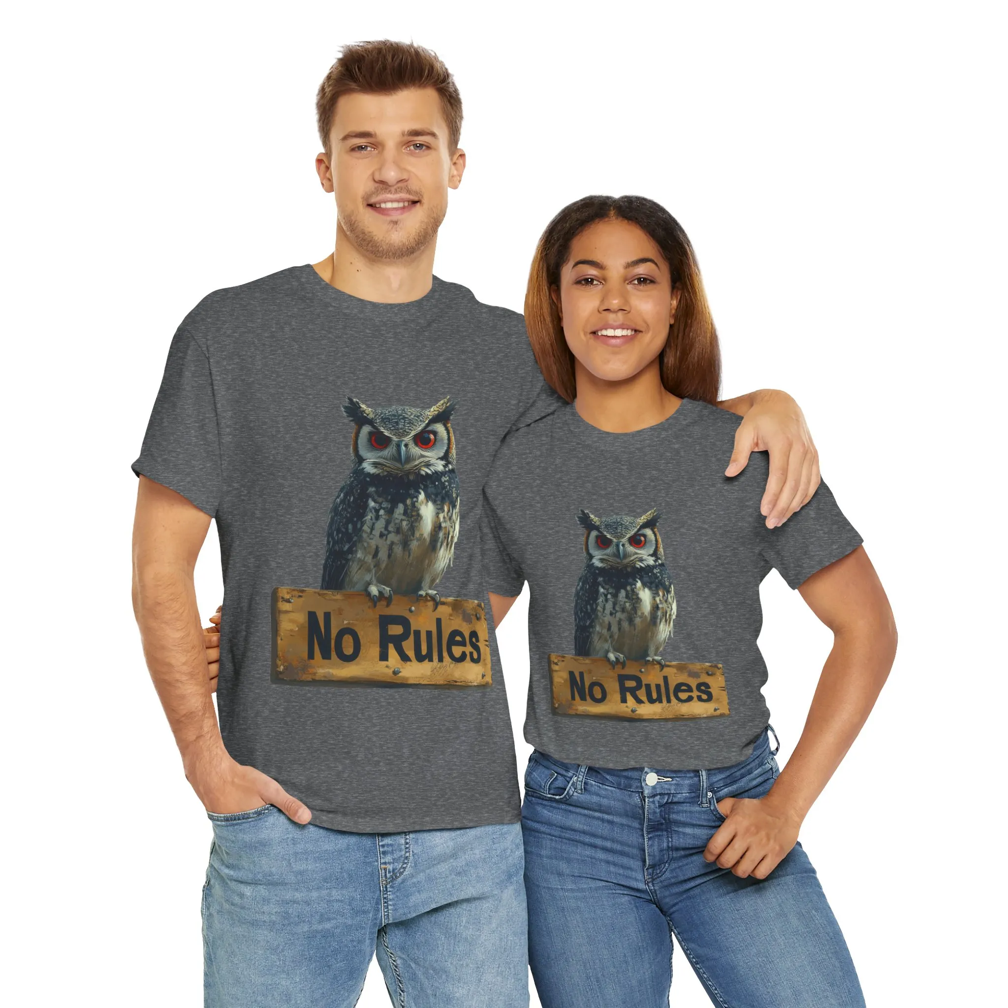 No Rules Owl Graphic T-Shirt, Unisex Heavy Cotton Tee, Funny Animal Shirt, Rebellious Bird Tee Gift for Him or Her