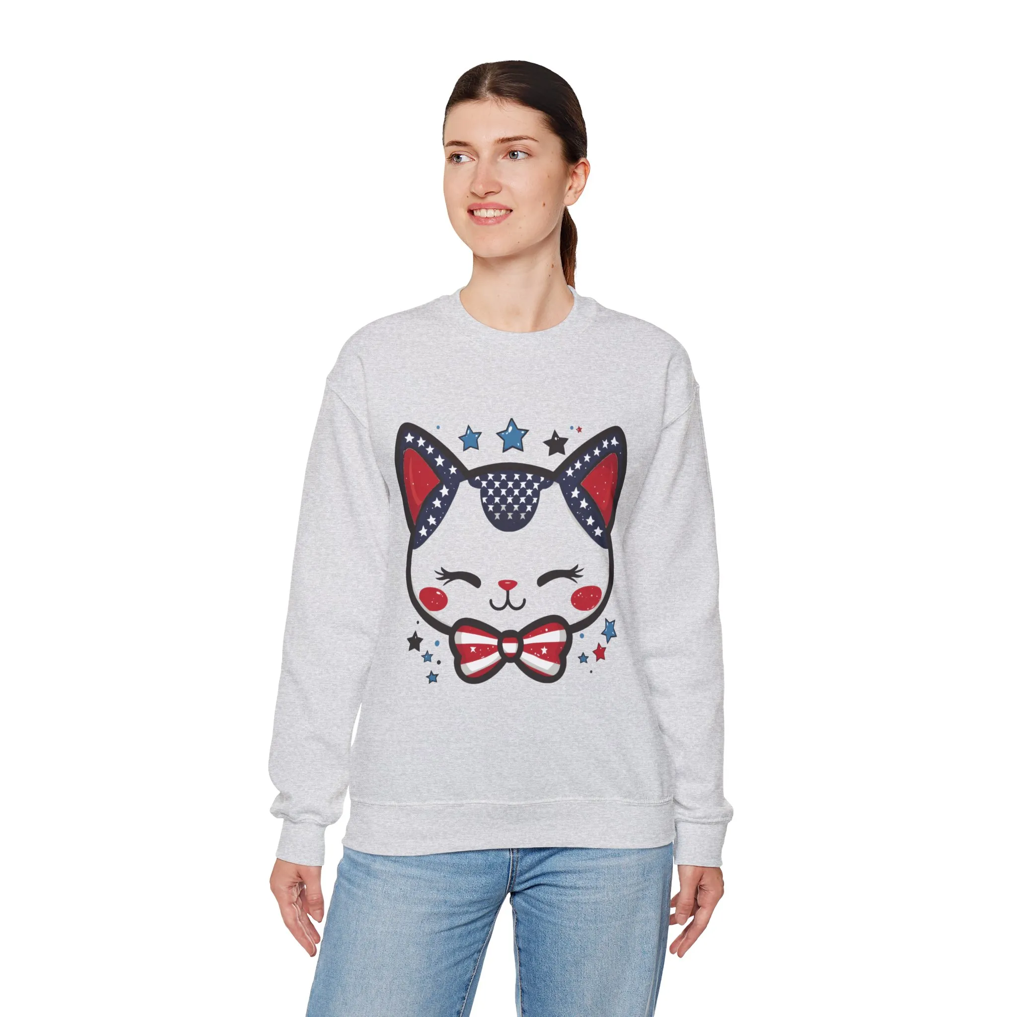Cute Patriotic Cat Graphic Sweatshirt, Cozy Womens Crewneck, Cat Lover Gift, Fourth of July, Perfect for Holidays and Celebrations - Image 3