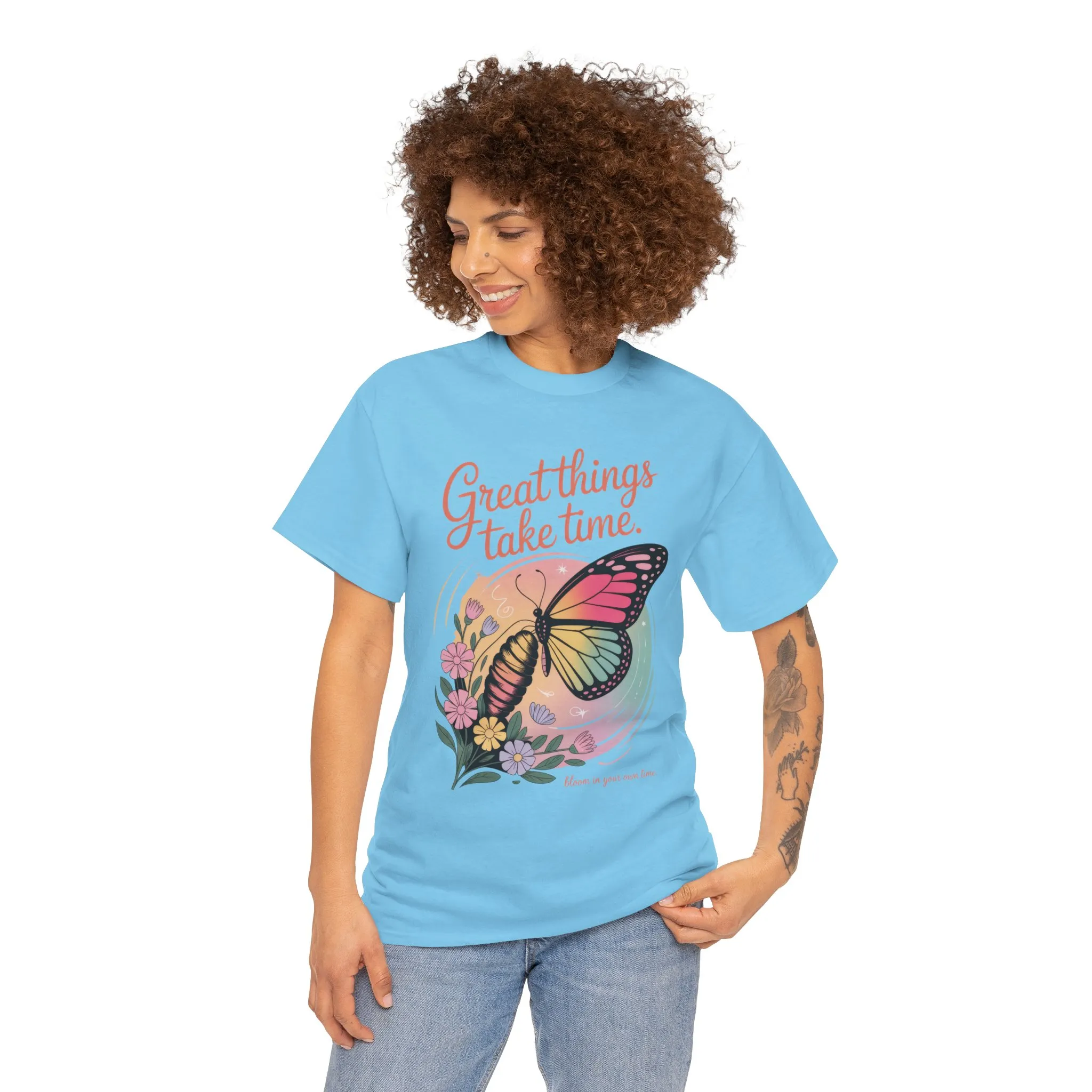 Butterfly Motivational Women's Heavy Cotton Tee, Great Things Take Time Shirt, Gift for Nature Lovers, Inspirational Apparel, Summer Outfit - Image 19