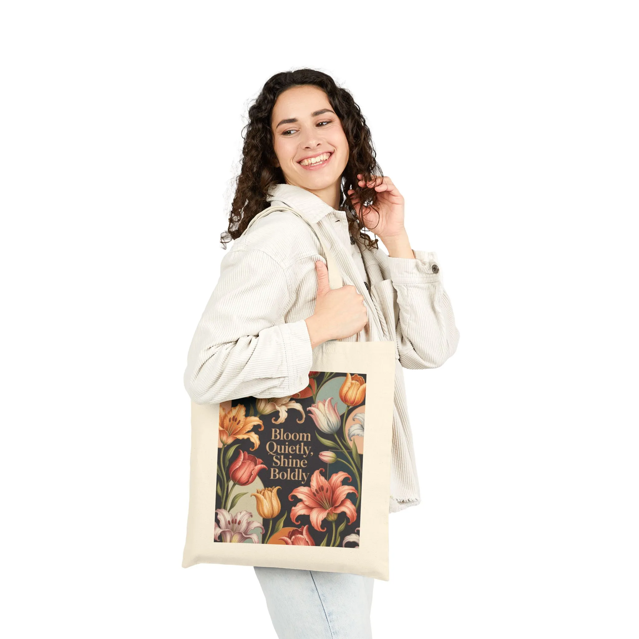 Bloom Quietly, Shine Boldly Tote Bag, Eco-Friendly Grocery Tote, Reusable Market Bag, Floral Patterned Canvas Bag, Gift Idea - Image 7