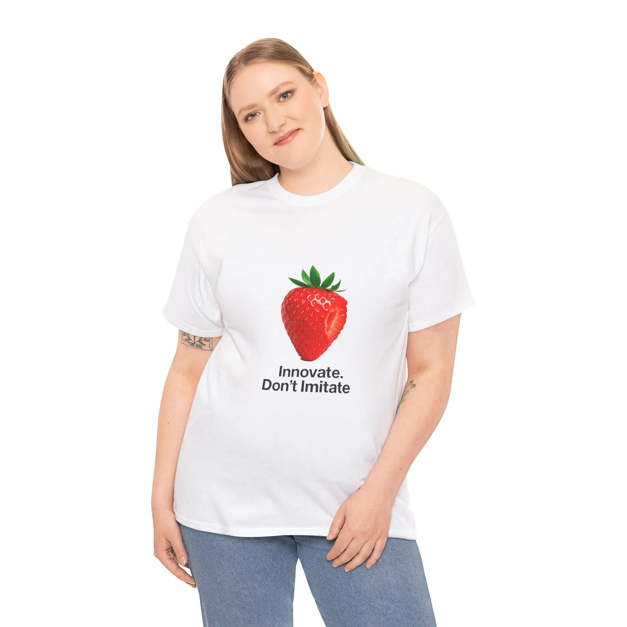 Strawberry Women's Heavy Cotton Tee, Innovate Don't Imitate Shirt, Graphic Tee, Casual Wear, Gift Idea, Summer Style, Witty Design T-Shirt - Image 3