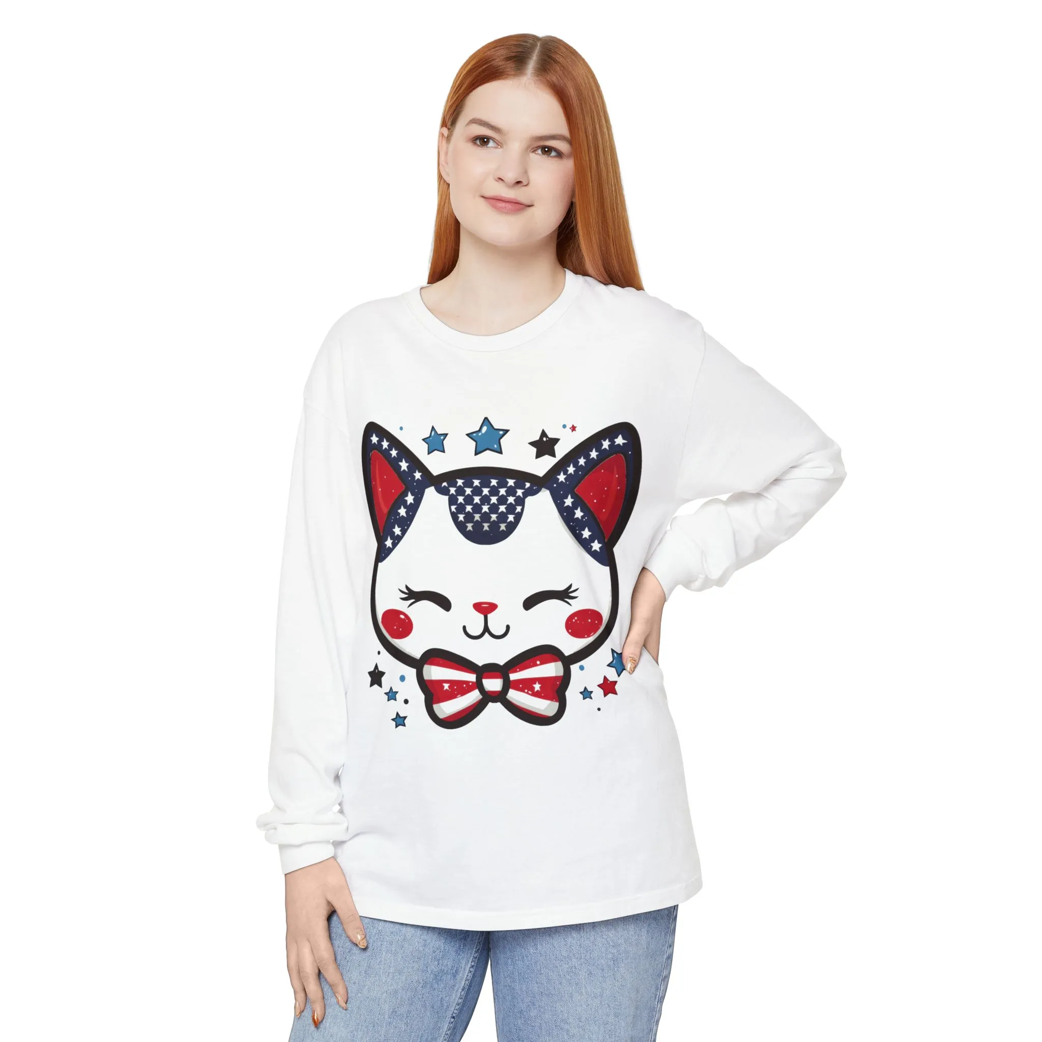 Cute Patriotic Cat Long Sleeve Women's T-Shirt, Fourth of July, Cat Lovers Gift, Casual Wear, Perfect for Holidays and Celebrations - Image 4