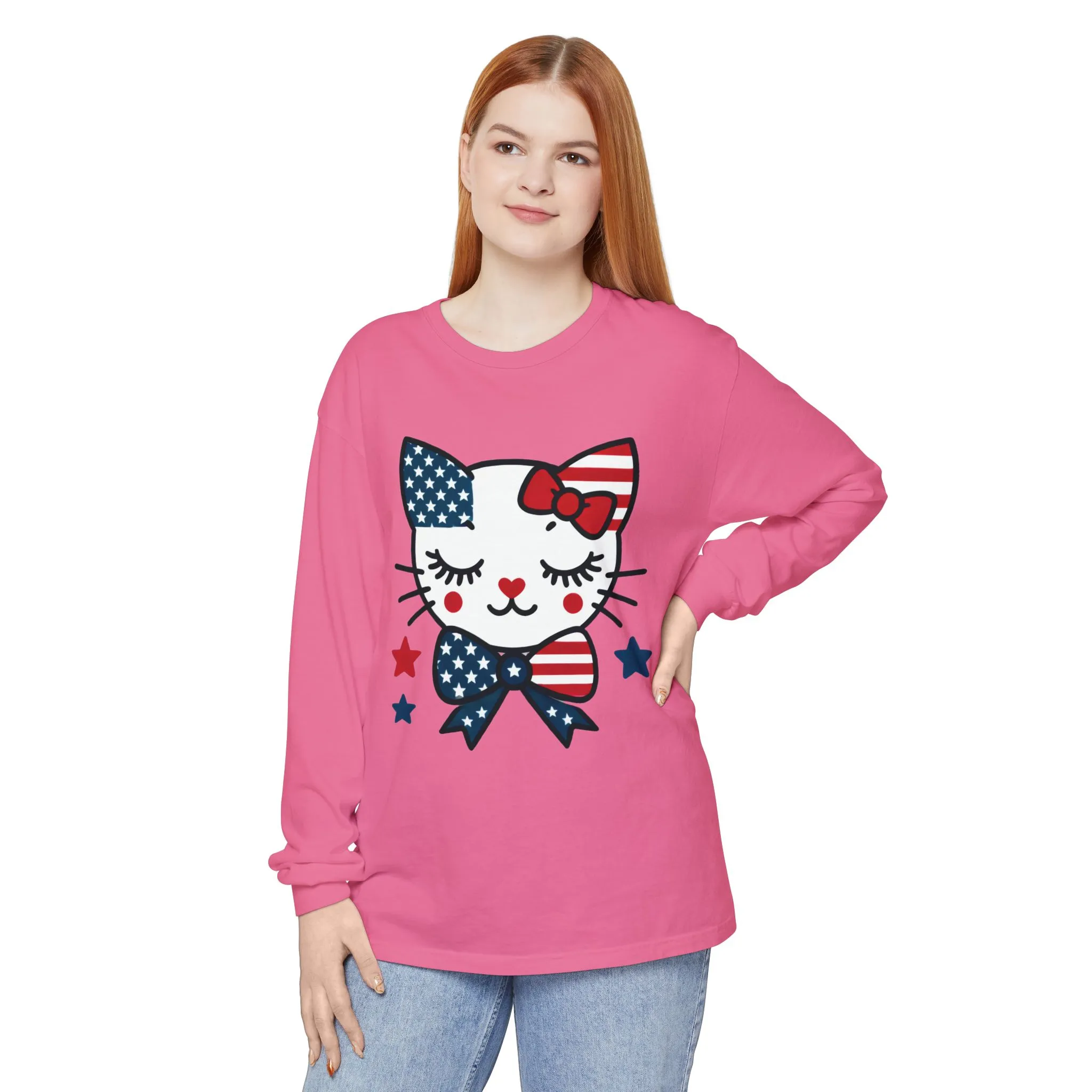 Patriotic Cat Long Sleeve T-Shirt, Womens Tee, Perfect for Fourth of July, Animal Lover Gift, Cozy Casual Wear, Holiday Apparel - Image 18