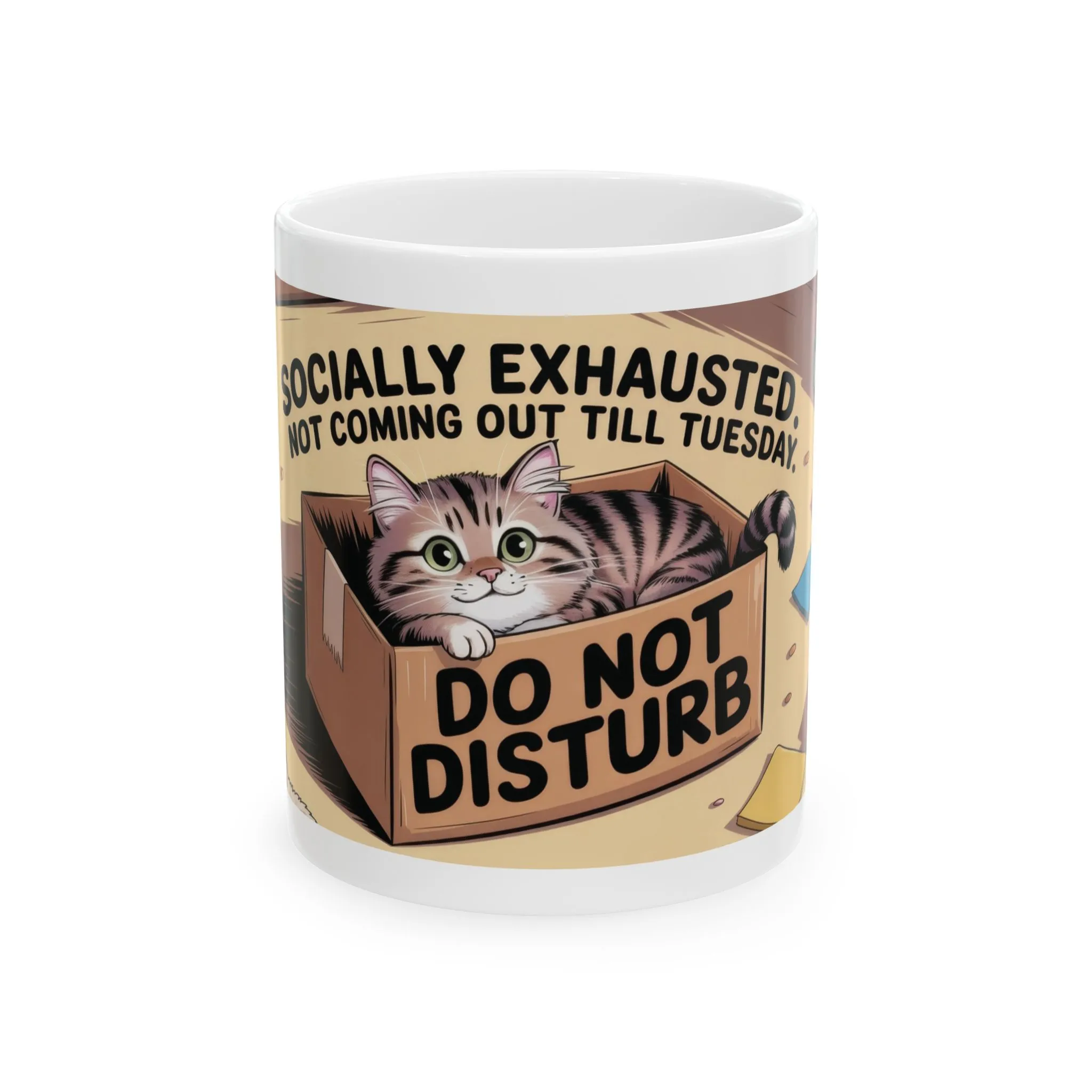 Funny Cat Mug, Socially Exhausted Do Not Disturb Coffee Cup, Introvert Gift Idea, Cozy Cat Lover Wraparound Mug, Lazy Weekend Humor