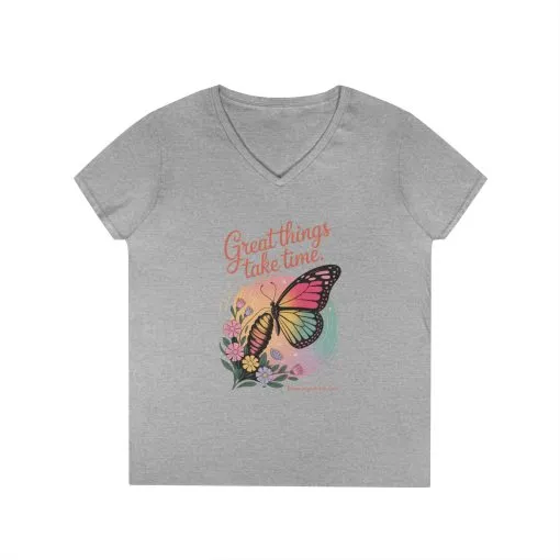 Inspiring Ladies' V-Neck T-Shirt, Great Things Take Time Butterfly Design, Relaxation, Motivation, Nature, Motivational Women's Tee - Image 5