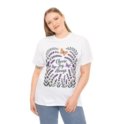 Choose Joy Always Women's Tee, Floral Graphic T-Shirt, Inspirational Gifts, Positive Vibes Apparel, Nature Lover's Gift, Lavender Printed - Image 2