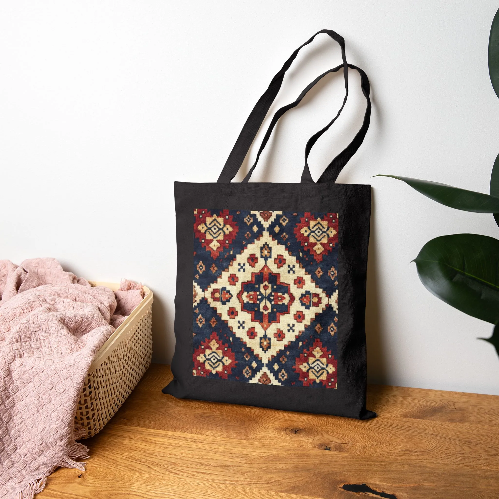 Boho Cotton Canvas Tote Bag, Shopping Bag for Everyday Use, Beach, Grocery, Gifts, Sustainable Style, Traditional Turkish Carpet Pattern