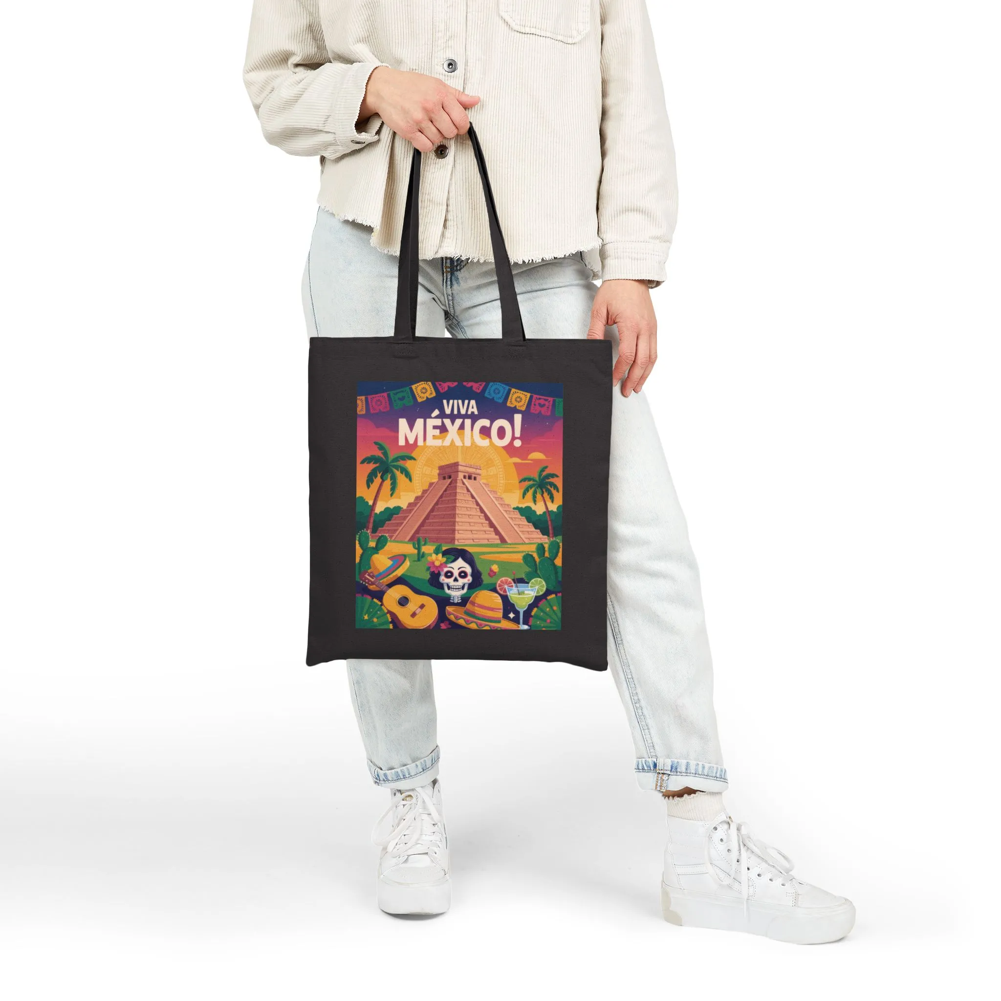 Viva Mexico Cotton Canvas Tote Bag, Eco-Friendly Grocery Bag, Bohemian Beach Bag, Travel Tote, Day of the Dead Gift - Image 9