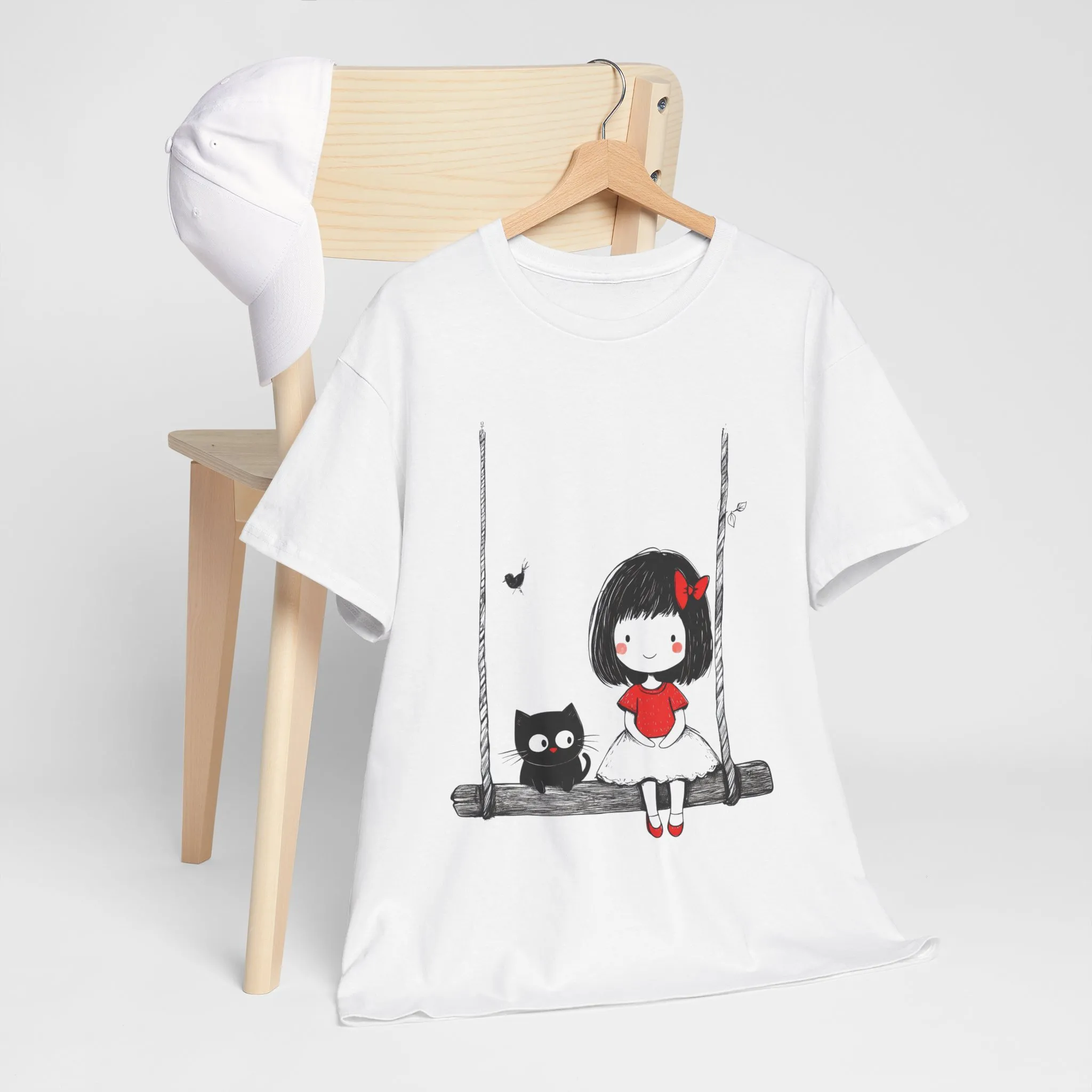 Cute Cat & Girl Graphic Tee, Playful Gift for Cat Lovers, Cat and Girl Design, Gift for Cat Owners, Women's Cotton T-Shirt - Image 3