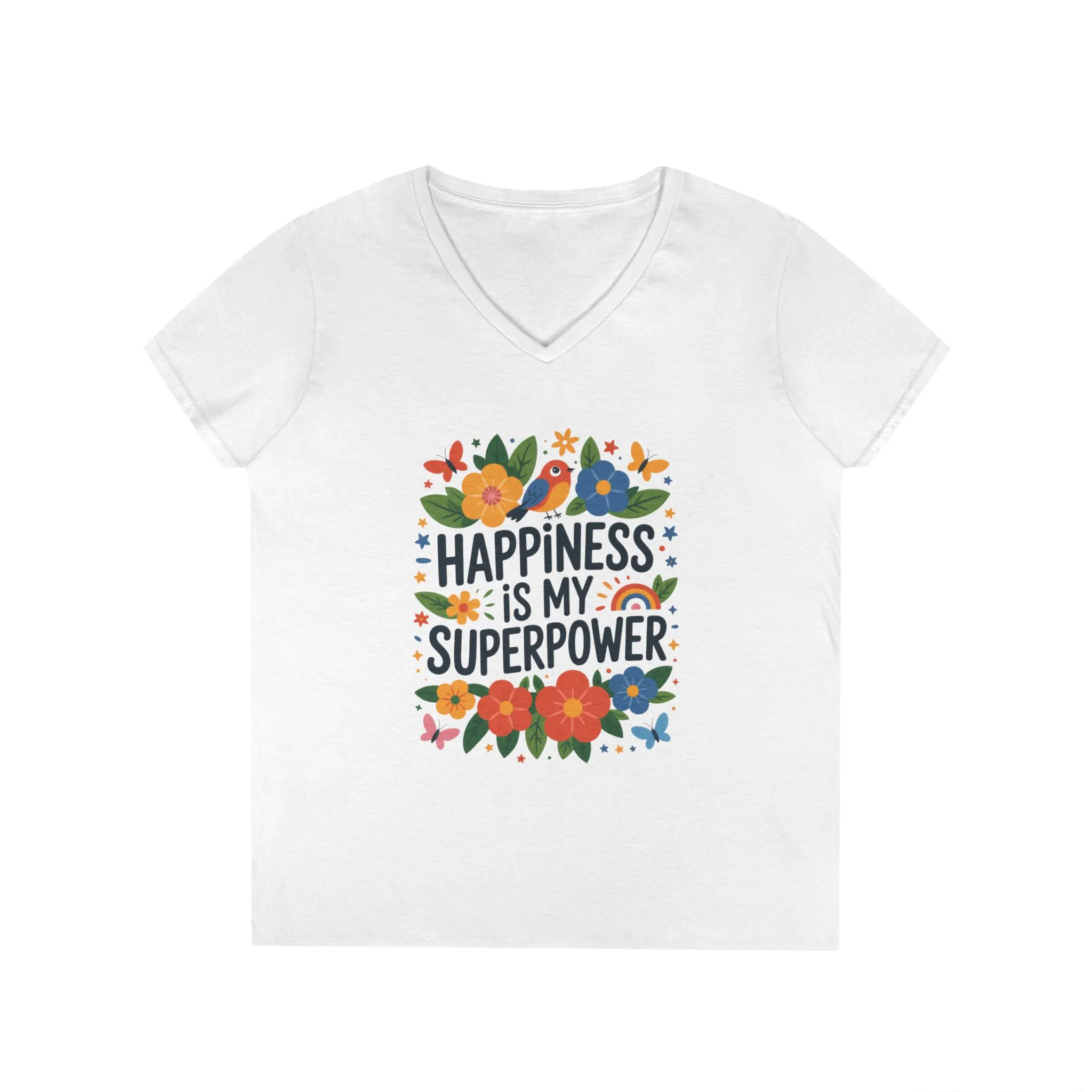 Happiness is My Superpower V-Neck T-Shirt, Floral Motivational Tee, Gift for Her, Positive Quote Shirt, Joyful Statement Tee - Image 4