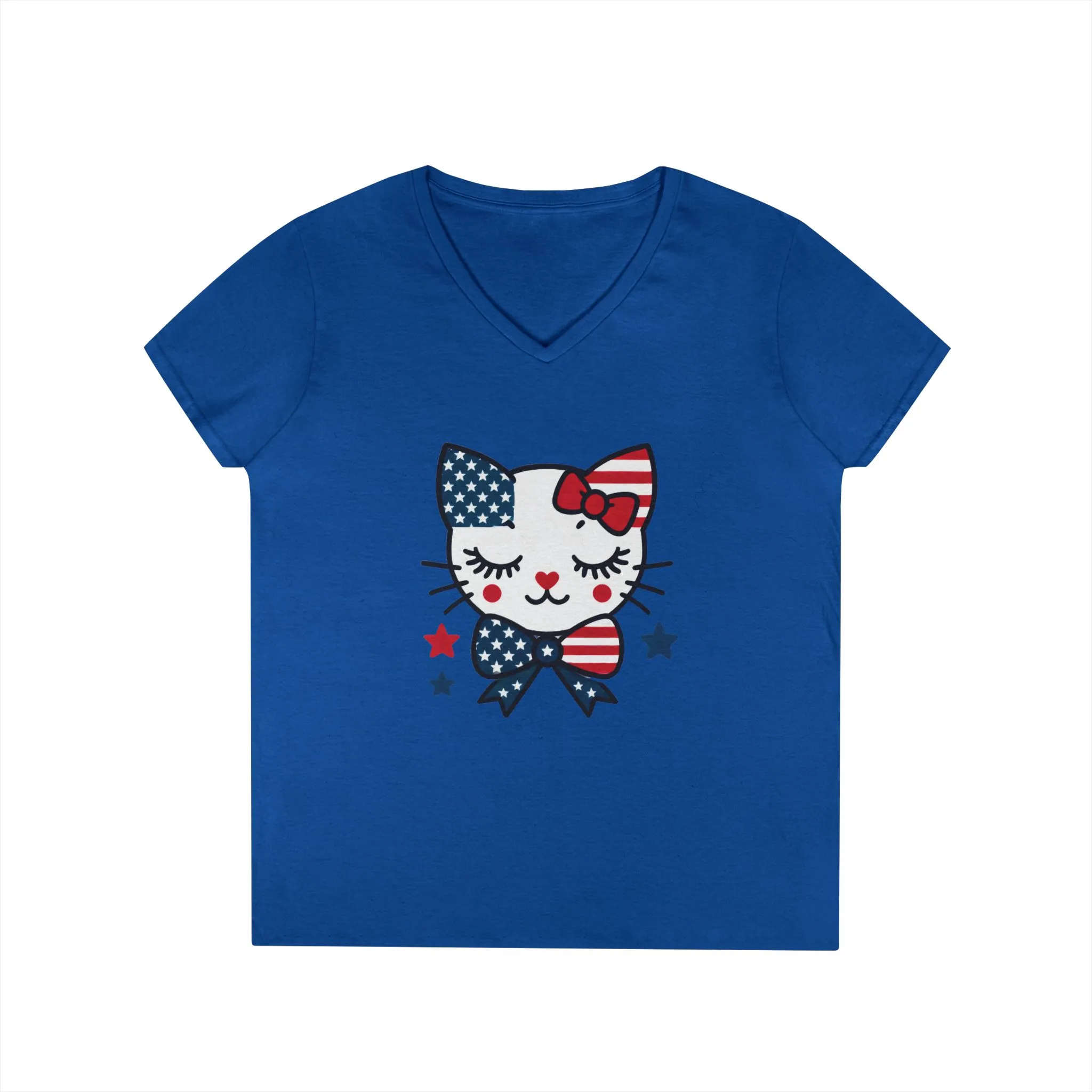 Patriotic Cat Ladies' V-Neck T-Shirt, Cute Tee, July 4th Top, Independence Day Shirt, Gift for Cat Lovers, Casual Summer Wear - Image 2