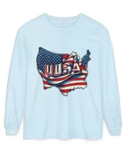 USA Flag Long Sleeve Tee, Unisex Garment-Dyed Shirt, Patriotic Top, All-American Apparel, Independence Day Style, Comfortable Casual Wear