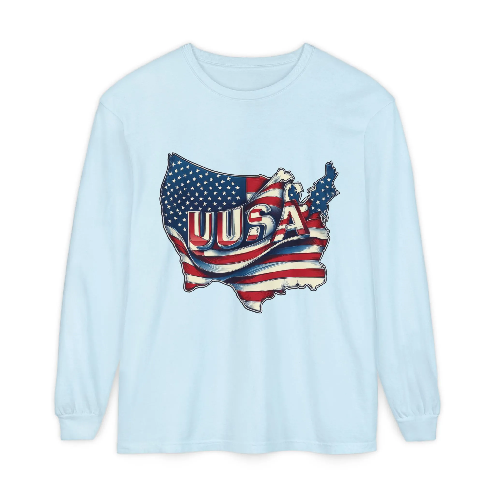 USA Flag Long Sleeve Tee, Unisex Garment-Dyed Shirt, Patriotic Top, All-American Apparel, Independence Day Style, Comfortable Casual Wear