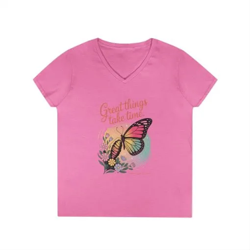Inspiring Ladies' V-Neck T-Shirt, Great Things Take Time Butterfly Design, Relaxation, Motivation, Nature, Motivational Women's Tee - Image 21
