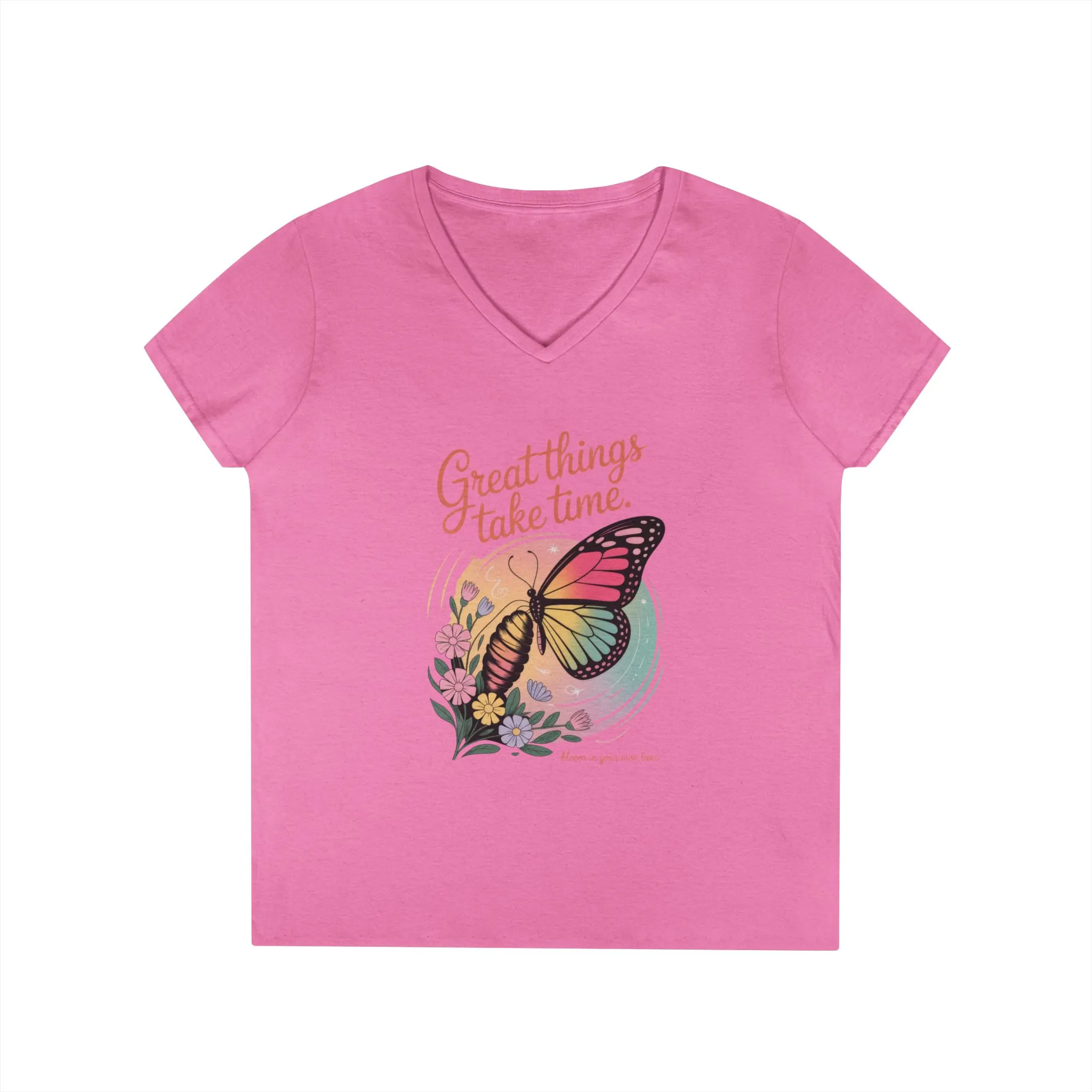 Inspiring Ladies' V-Neck T-Shirt, Great Things Take Time Butterfly Design, Relaxation, Motivation, Nature, Motivational Women's Tee - Image 21