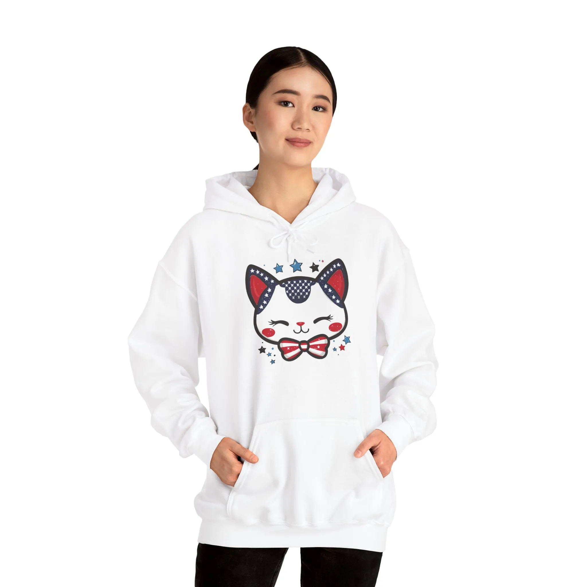 Cute Patriotic Cat -Themed Women's Hoodie, for Cat Lovers, Cute Gift for Pet Owners, Cozy Sweatshirt for All Seasons, Fourth of July Hoodie - Image 7